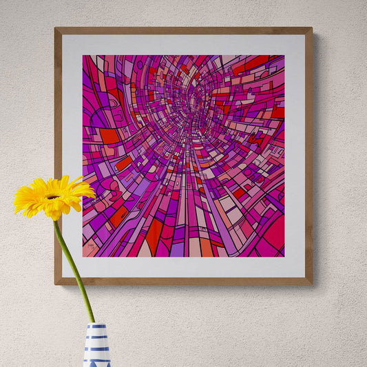 Tableau encadré "Le Tube", art abstrait en tons chauds, exposé dans un séjour moderne, disponible en tirage sur Limonade Bleue.