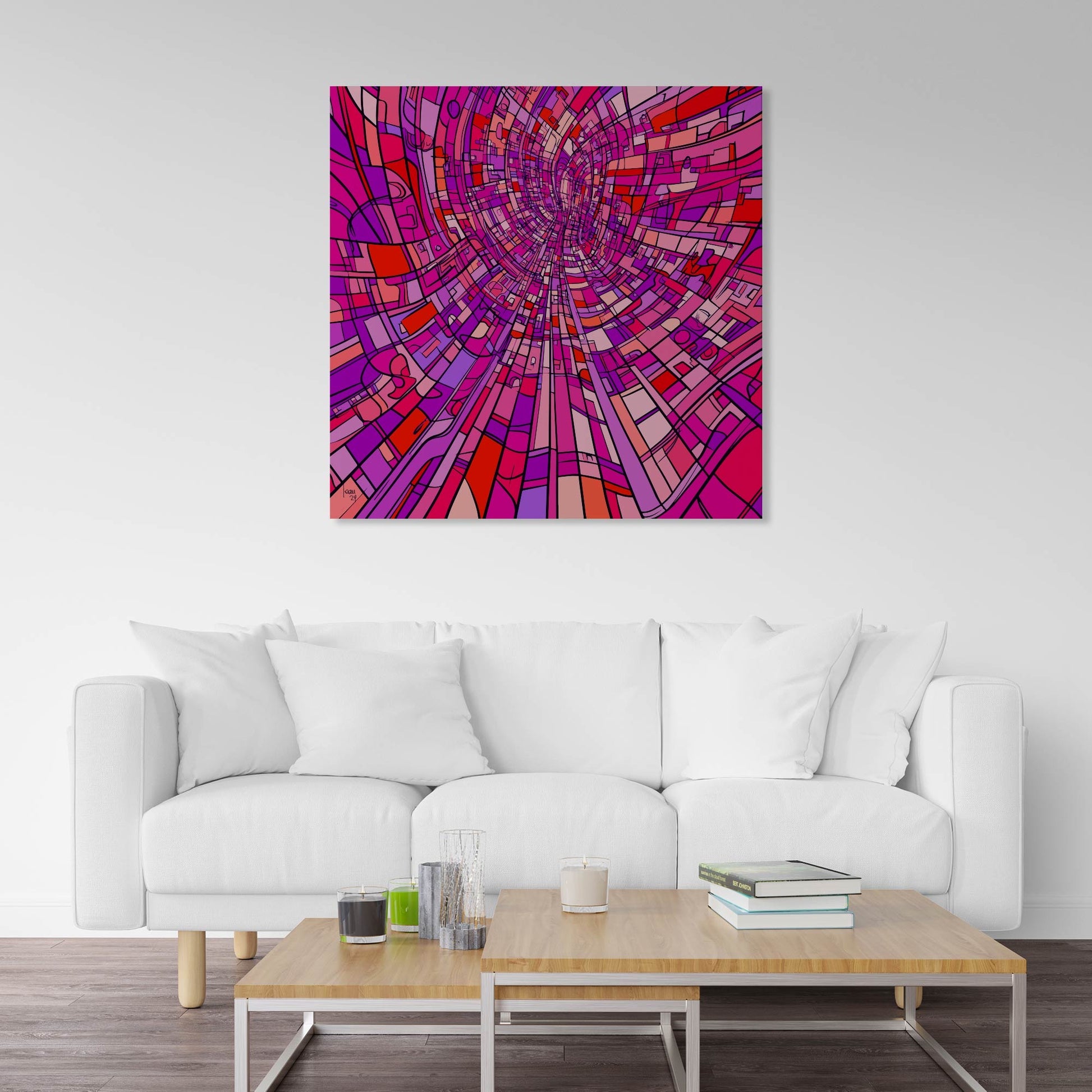 Tableau "Le Tube", art abstrait en tons chauds, exposé dans un séjour moderne, disponible en tirage sur Limonade Bleue.
