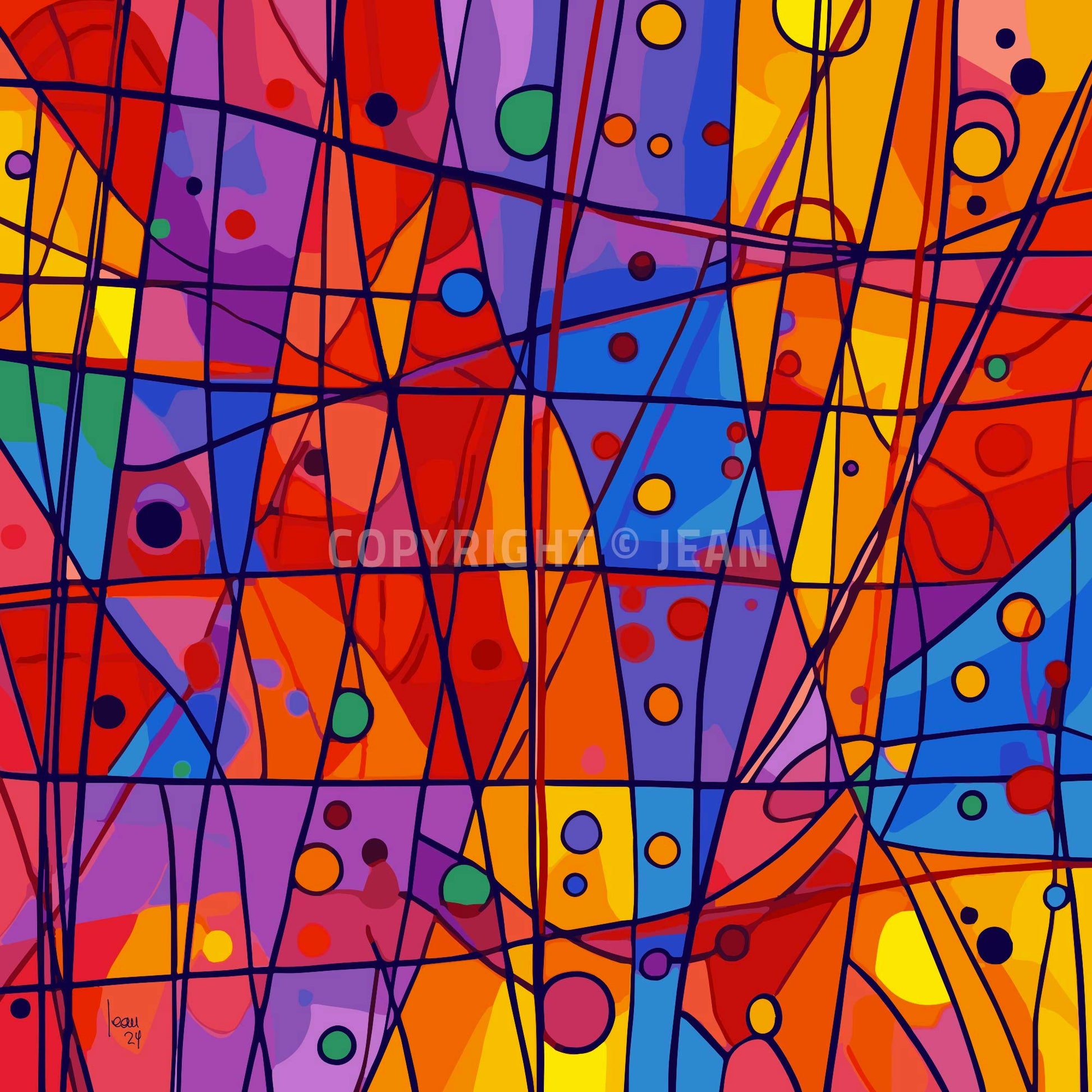 Œuvre contemporaine 'OXYGÈNE' avec couleurs vives rouge, bleu, jaune, violet et lignes noires dynamiques, style abstraction géométrique, vitalité et mouvement, 2024