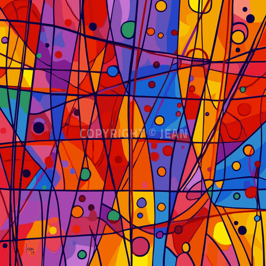 Œuvre contemporaine 'OXYGÈNE' avec couleurs vives rouge, bleu, jaune, violet et lignes noires dynamiques, style abstraction géométrique, vitalité et mouvement, 2024