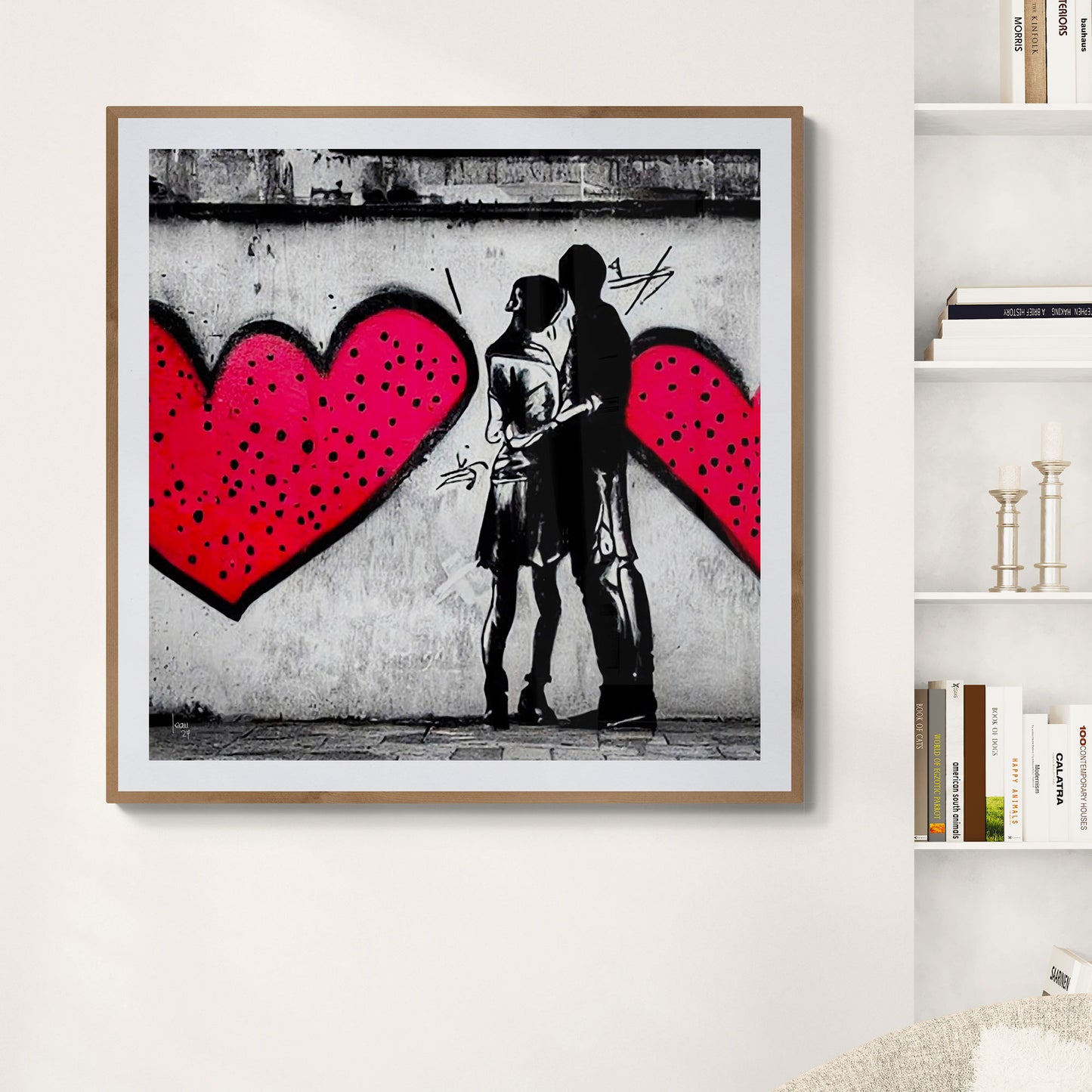 Tirage d'art encadré "Tandem" exposé dans une chambre moderne, format 100x100 cm.