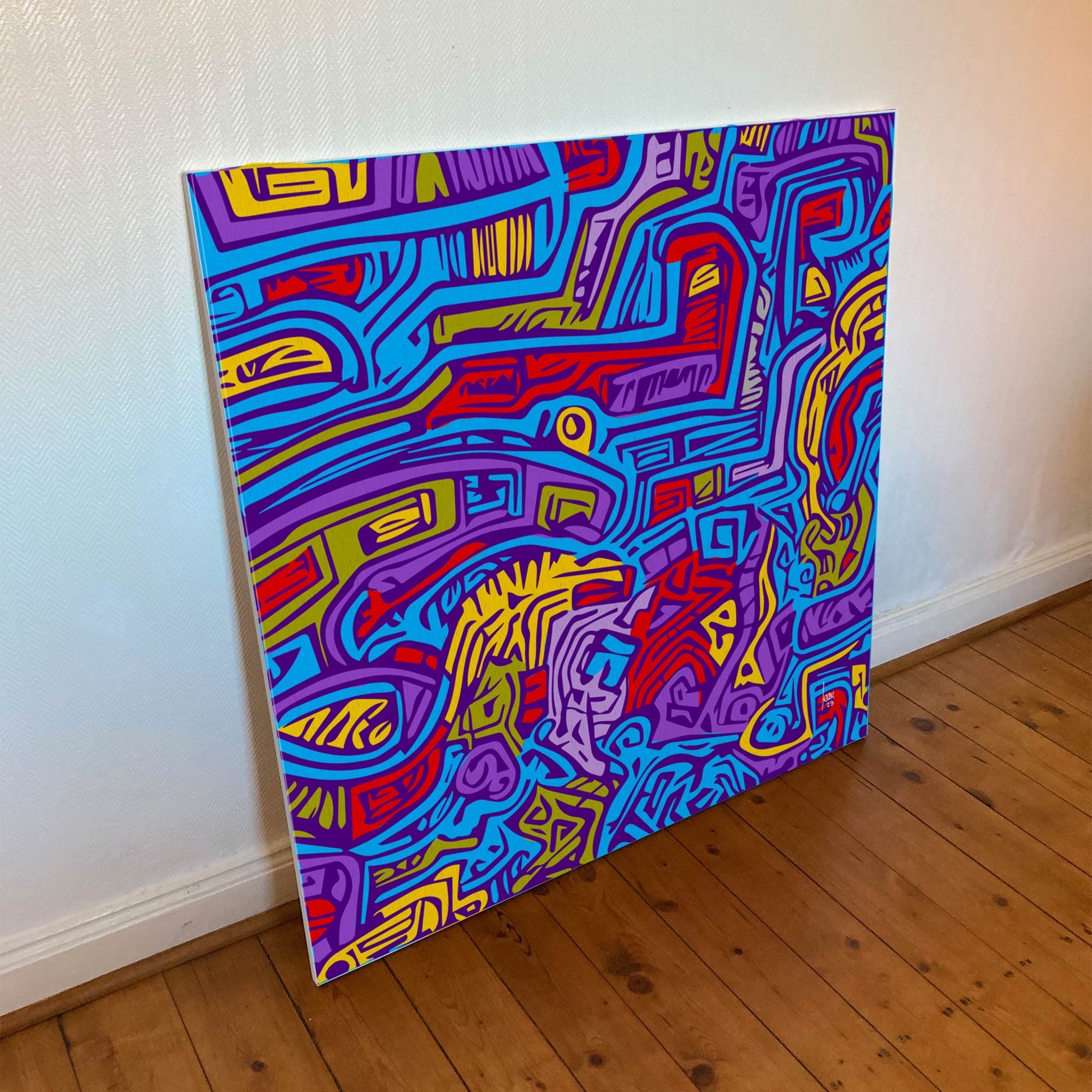 "La Ville Bleue" tirage d'art sur toile et châssis bois 100x100cm, tirage haut de gamme. Art contemporain abstrait et achat en ligne , labyrinthe bleu, rouge, jaune et vert