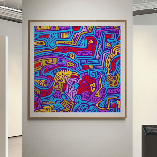 "La Ville Bleue" tirage d'art haut de gamme encadré. Art contemporain abstrait et achat en ligne, labyrinthe bleu, rouge, jaune et vert dans un séjour