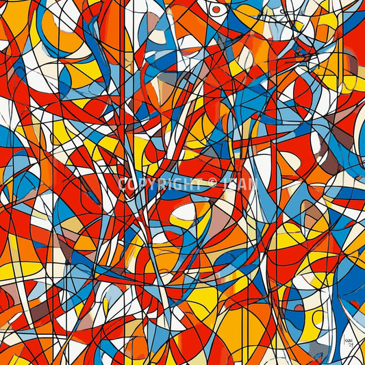 Œuvre contemporaine 'AGITATION' avec lignes noires entremêlées et couleurs vives rouge, bleu, jaune, orange, style abstrait expressif, énergie et mouvement, 2024