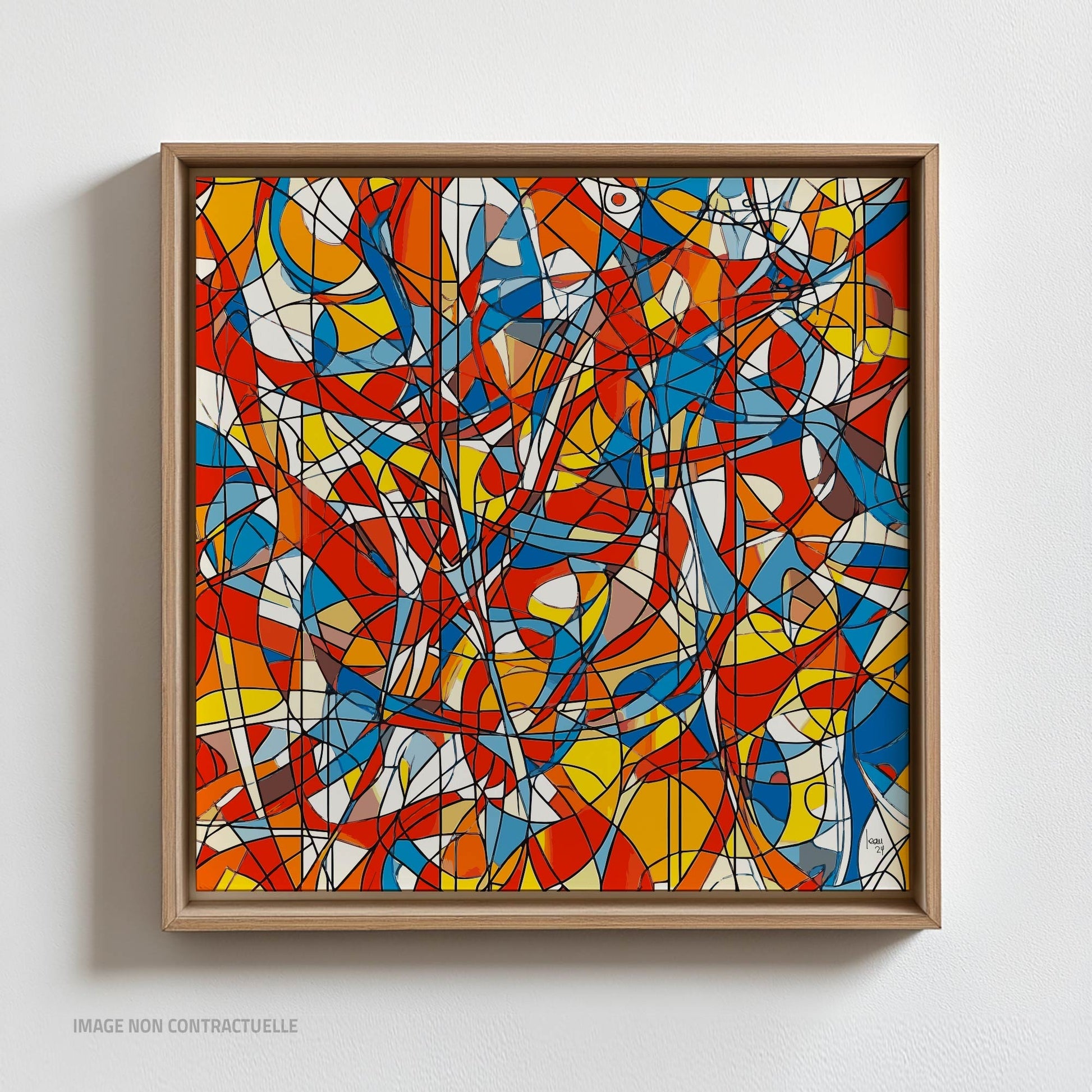 Œuvre 'AGITATION' sur cadre flottant en bois clair, lignes noires et couleurs rouge, bleu, jaune, orange sur Dibond, style abstrait dynamique, 2024