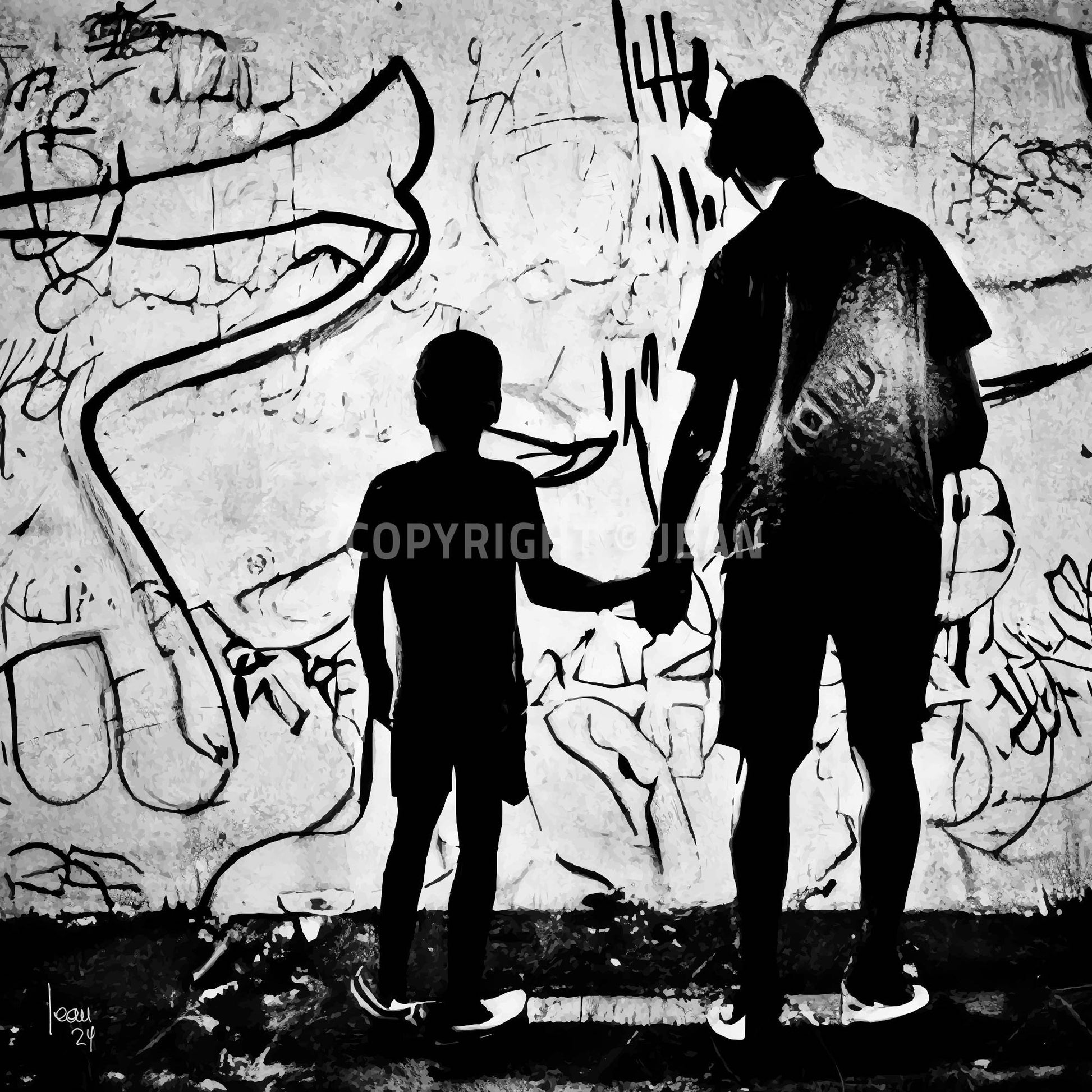 Œuvre en noir et blanc intitulée "Paternité", silhouette d’un adulte tenant la main d’un enfant devant un mur couvert de graffitis abstraits.