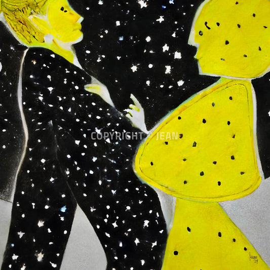 Tableau 'Stars' représentant un couple de profil sous un ciel étoilé, couleurs noires, jaunes et gris