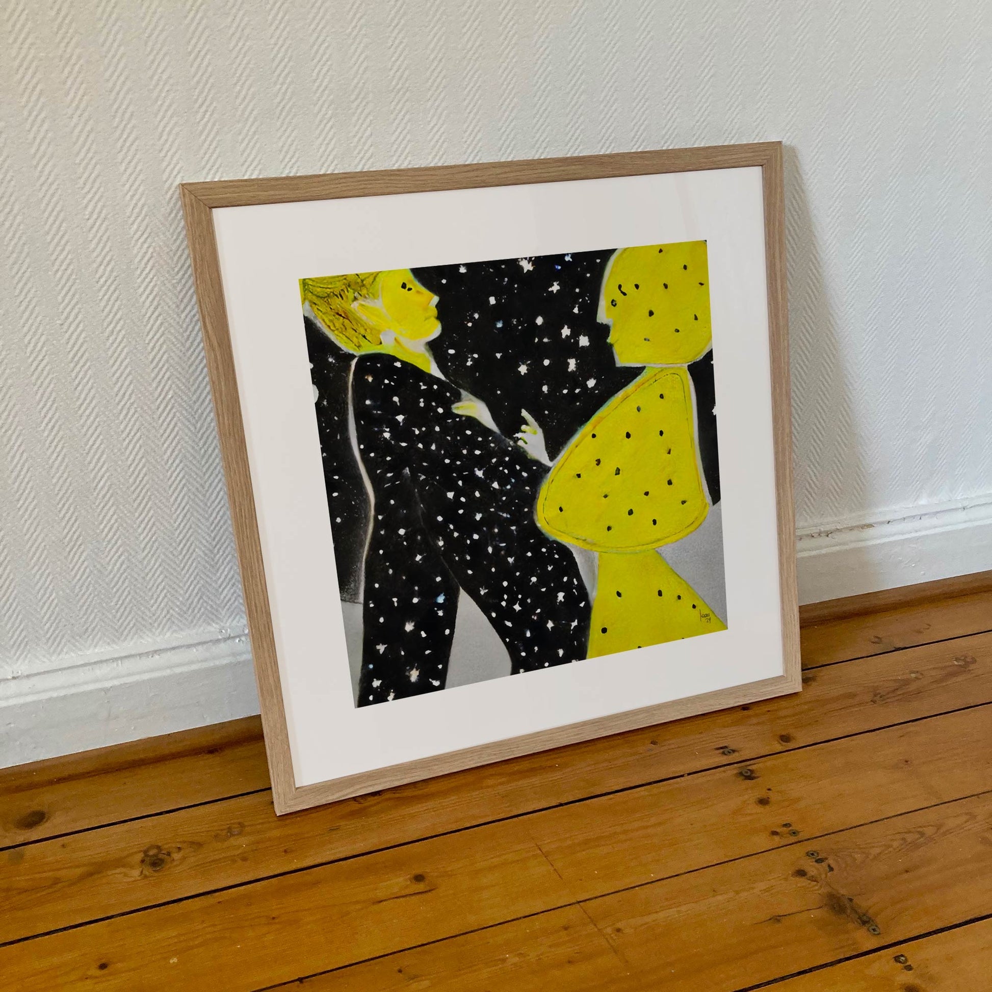 Tableau 'Stars' encadré 50x50 cm, couple de profil contemplant les étoiles, couleurs noir, jaune et gris
