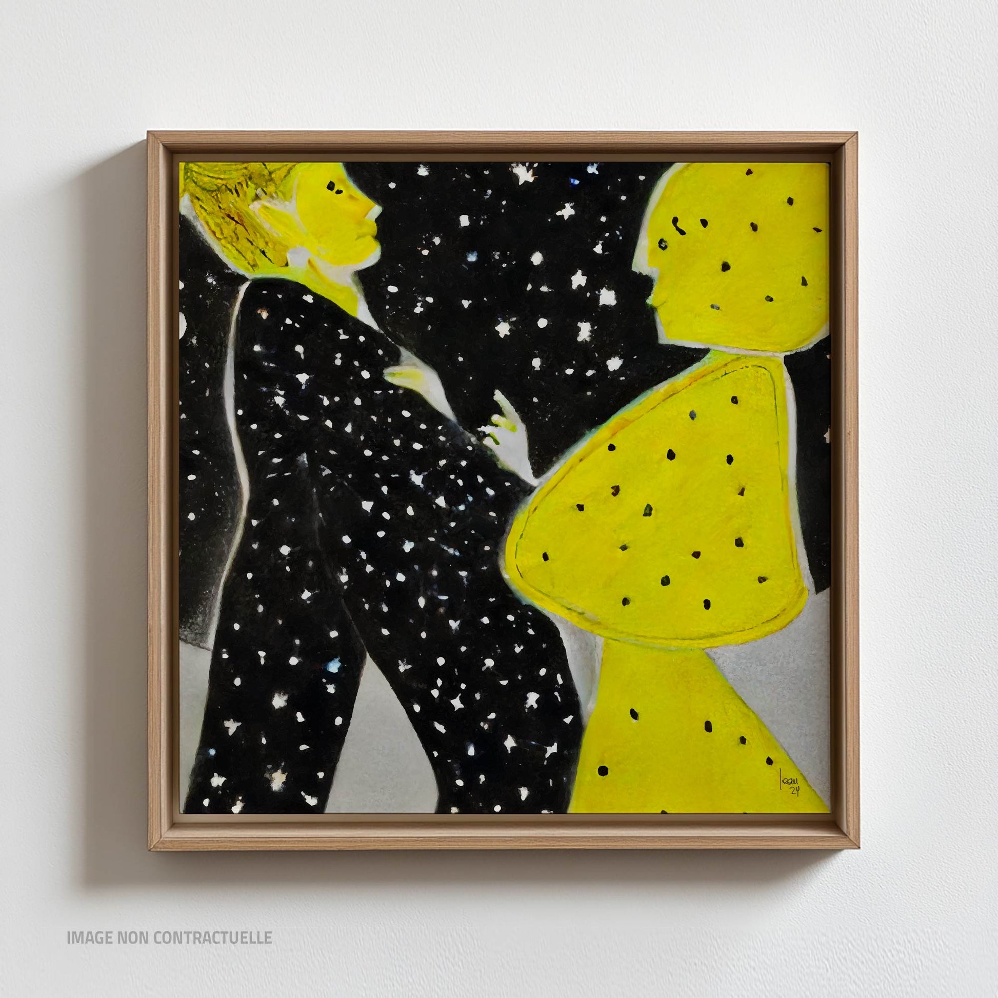 Œuvre 'Stars' en cadre flottant, couple de profil sous les étoiles, contrastes noirs, jaunes et gris