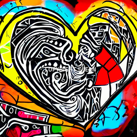 Œuvre complète 'Espoir' – cœur vibrant en explosion de noir, blanc, rouge, jaune, bleu et orange