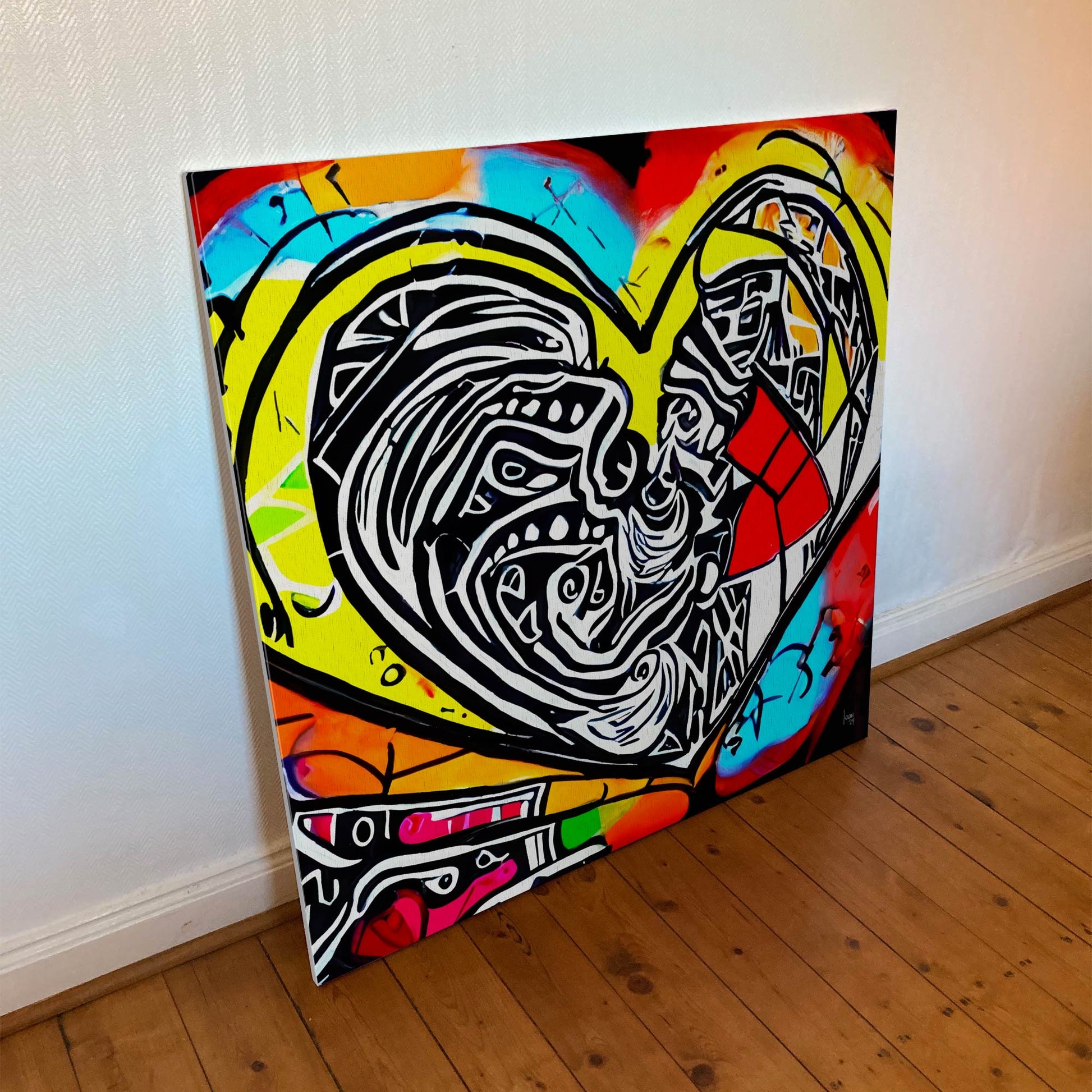 Œuvre 'Espoir' imprimée sur toile FineArt, cœur explosif noir, blanc, rouge, jaune, bleu et orange