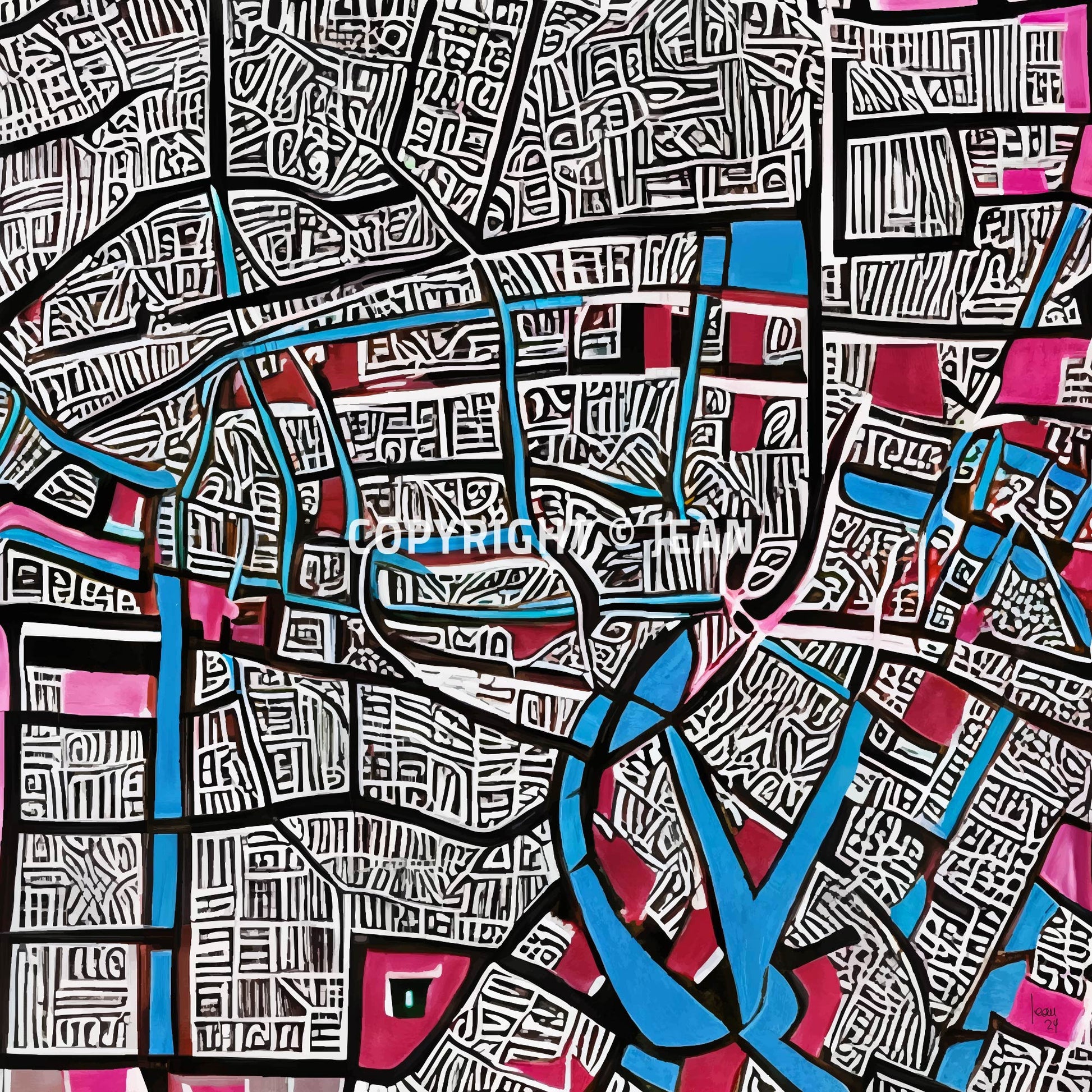 Œuvre contemporaine 'CONFLUENCE' avec labyrinthe graphique, bleu des rivières et rose des passages, style abstrait urbain poétique, 2024