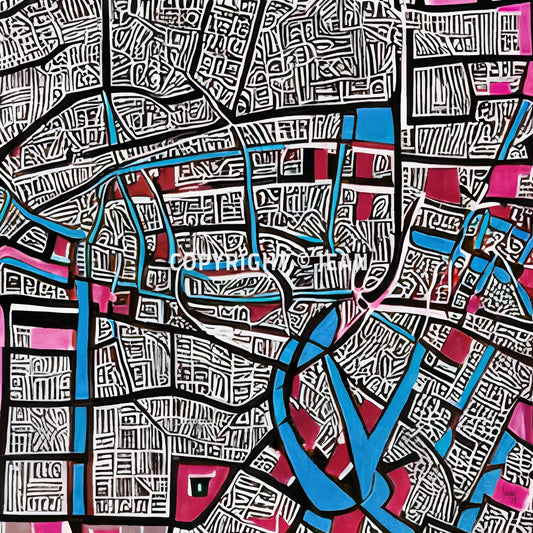 Œuvre contemporaine 'CONFLUENCE' avec labyrinthe graphique, bleu des rivières et rose des passages, style abstrait urbain poétique, 2024