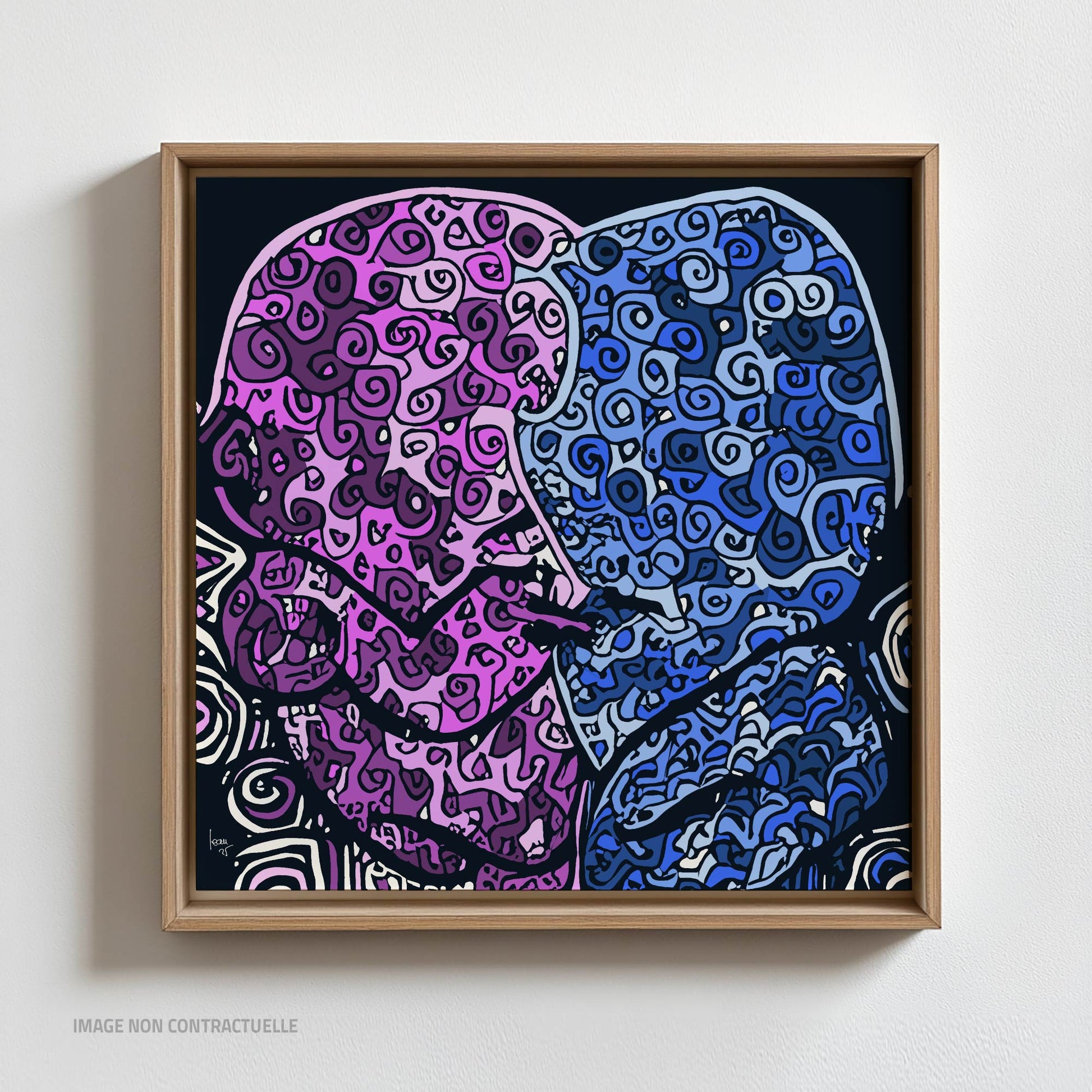 Présentation encadrée de mon oeuvre "Twins" montée sur caisse américaine format 110x110cm