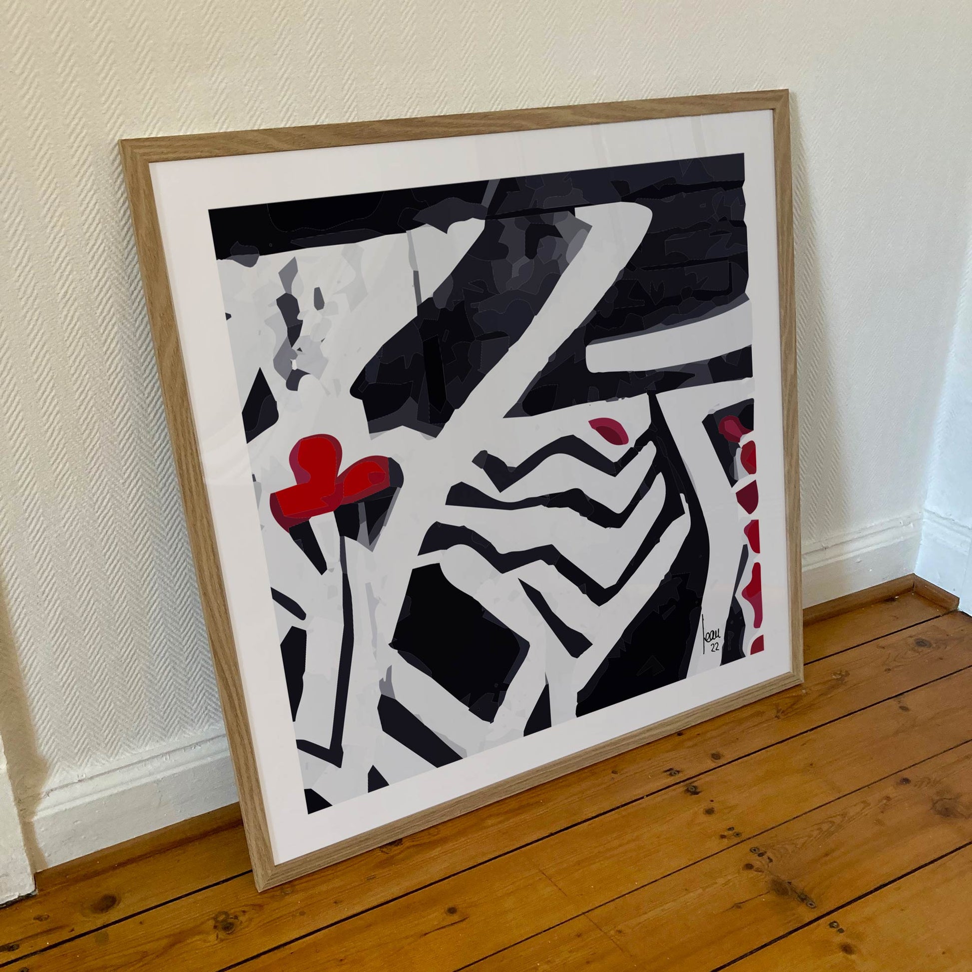 La Mare, tirage d'art sous cadre 70x70cm, papier haut de gamme. Art contemporain abstrait et achat en ligne, bichromie noire et rouge, une mare sauvage