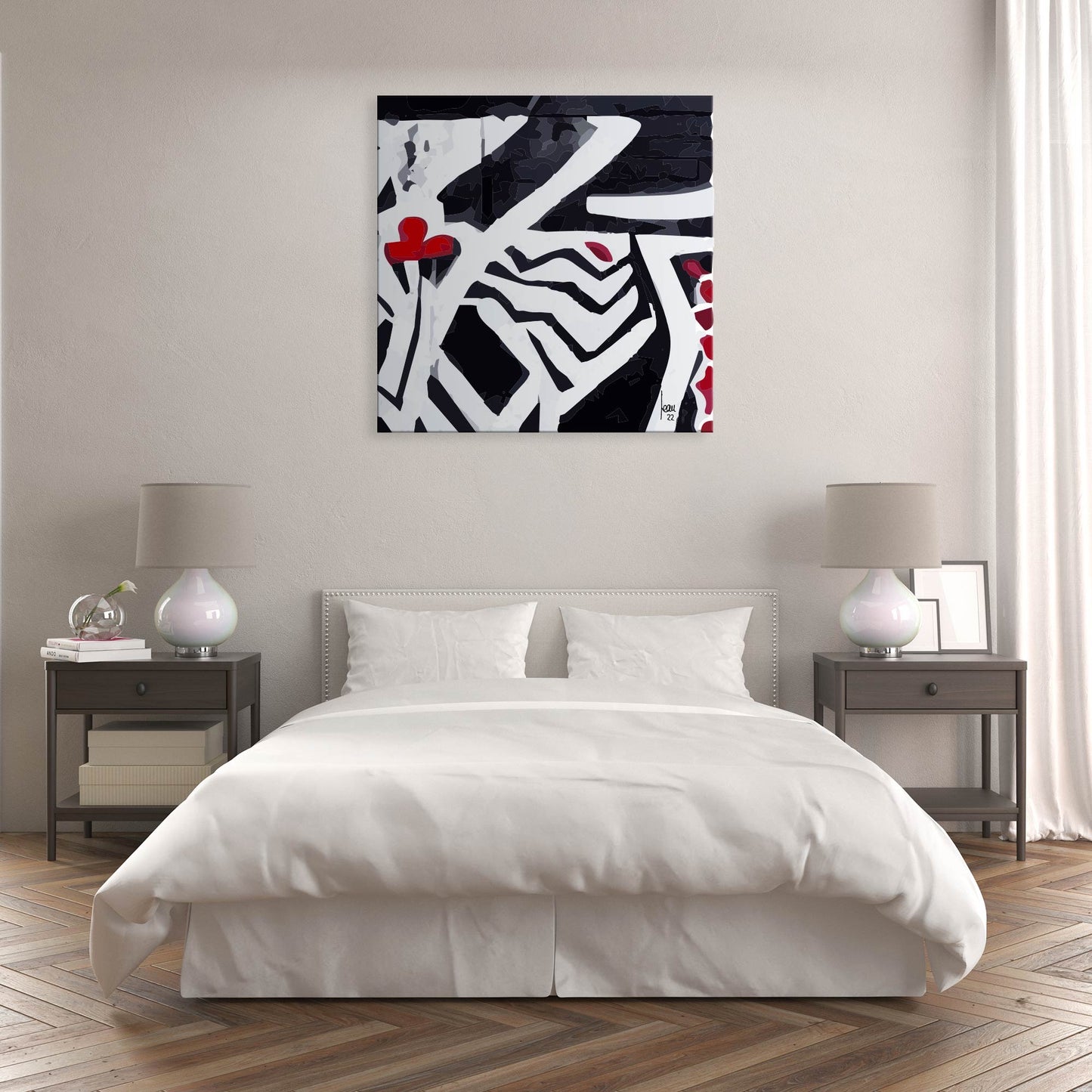 "La Mare", tirage d'art haut de gamme. Art contemporain abstrait et achat en ligne, bichromie noire et rouge, une mare sauvage chambre à coucher