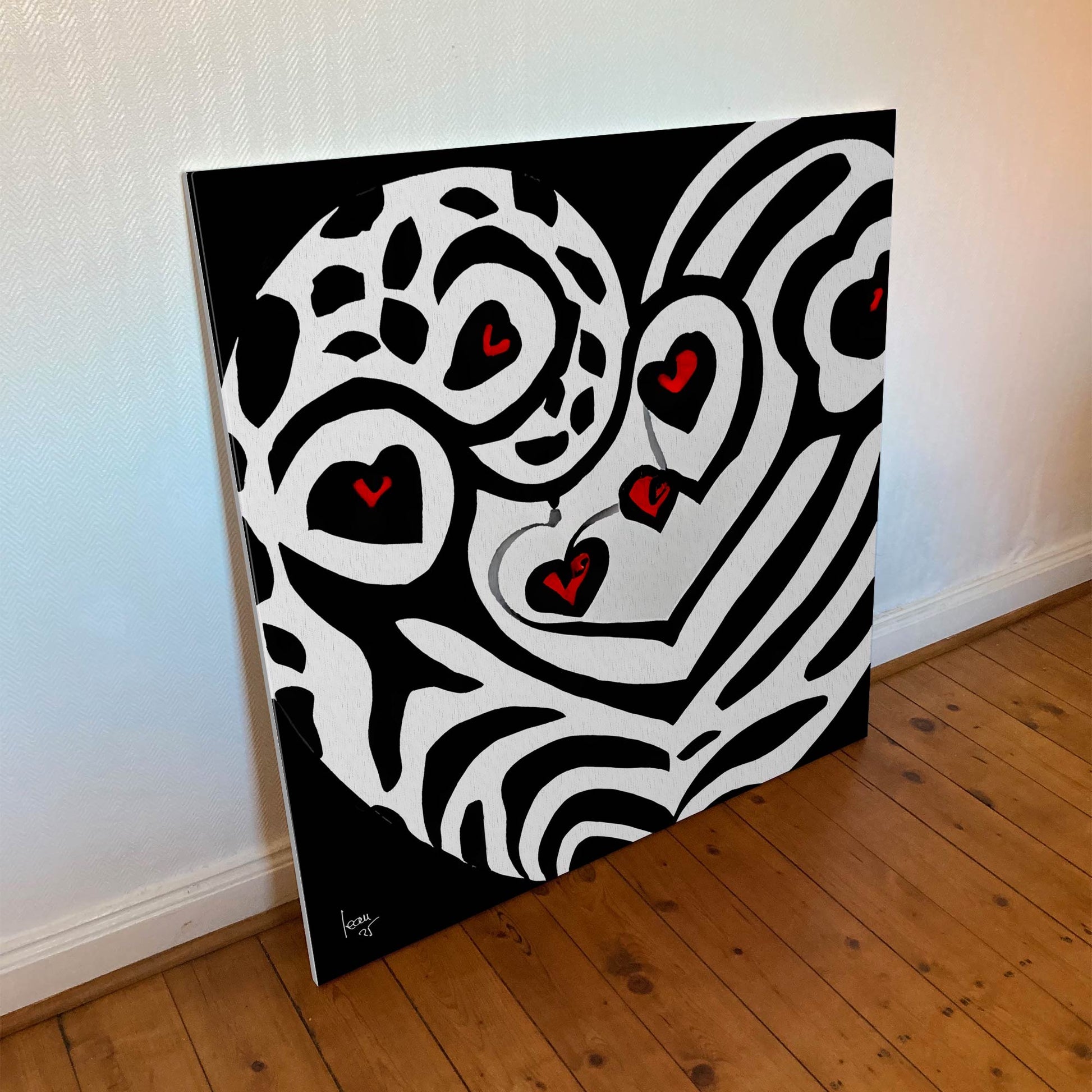 Tirage d’art sur toile 100x100 cm de 'Battement', illustration digitale d’un cœur pulsant aux lignes abstraites.