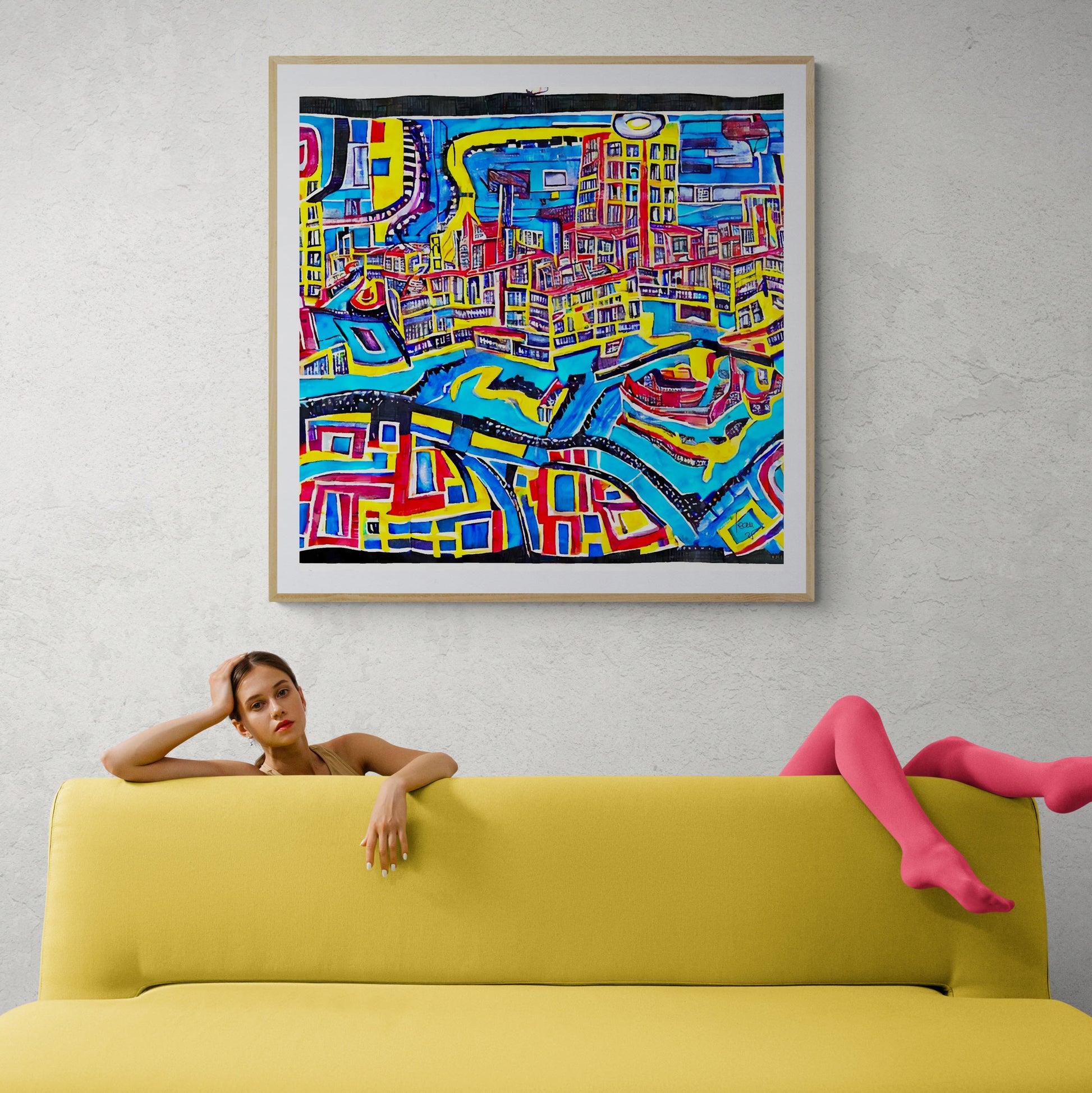 Présentation murale de l'œuvre encadrée "Canaux" dans un intérieur contemporain, mettant en valeur ses teintes vives.