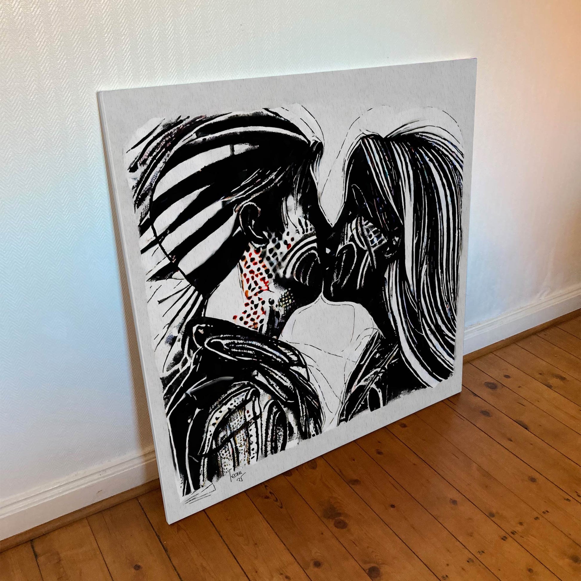 Tirage sur toile 100x100 cm de l’œuvre Embrasement, impression d’art haut de gamme aux couleurs rougeoyantes et textures vibrantes.