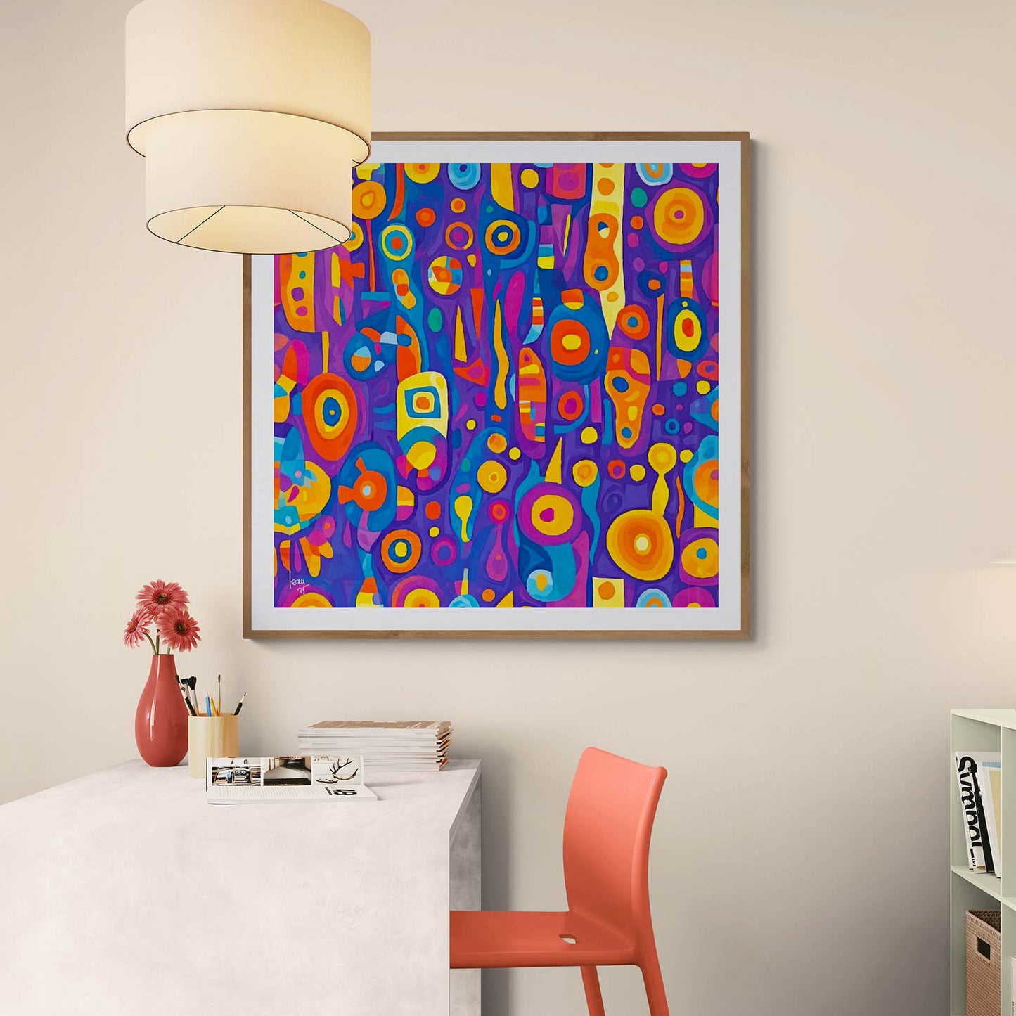 Tirage sur toile 100x100 cm de l'œuvre encadrée "Ébullition", sublimant les couleurs intenses et le mouvement organique de la composition.