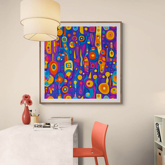 Tirage sur toile 100x100 cm de l'œuvre encadrée "Ébullition", sublimant les couleurs intenses et le mouvement organique de la composition.