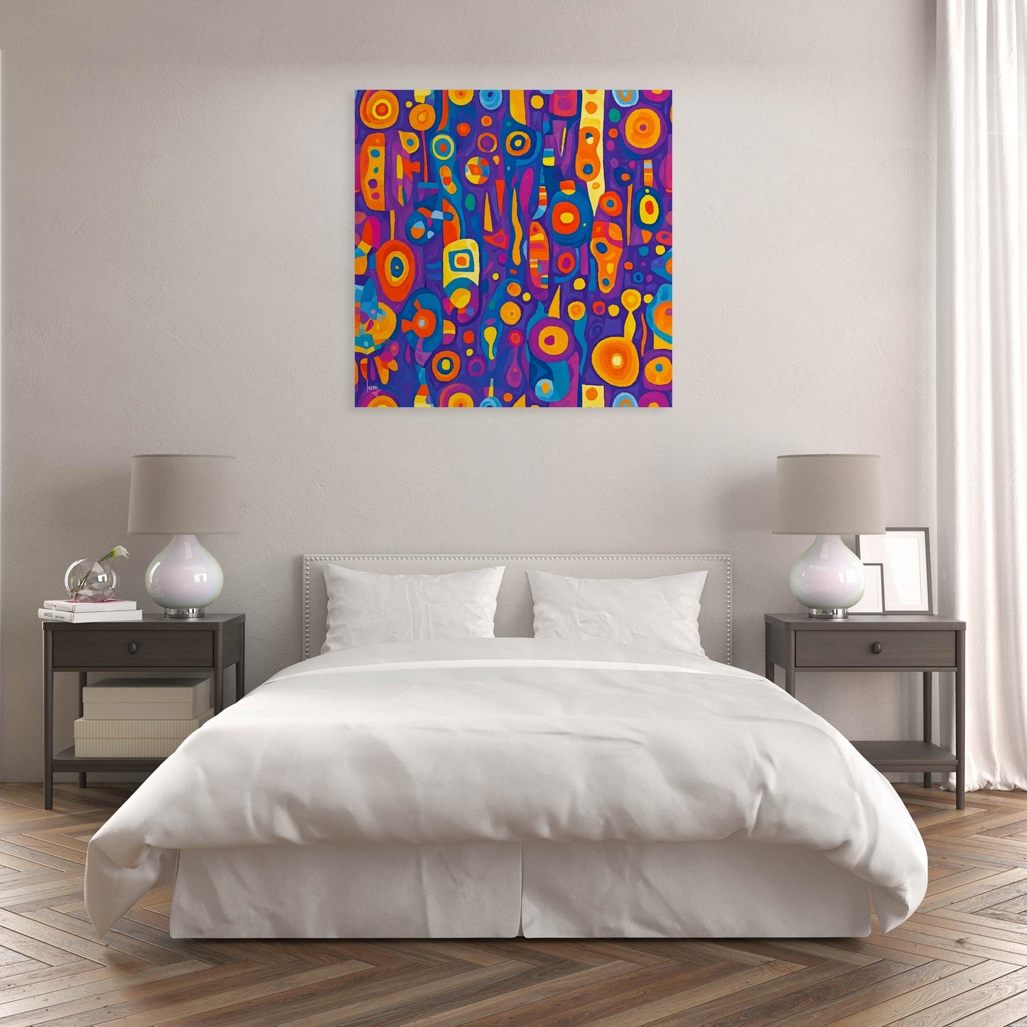 Tirage sur toile 100x100 cm de l'œuvre Ébullition, sublimant les couleurs intenses et le mouvement organique de la composition.