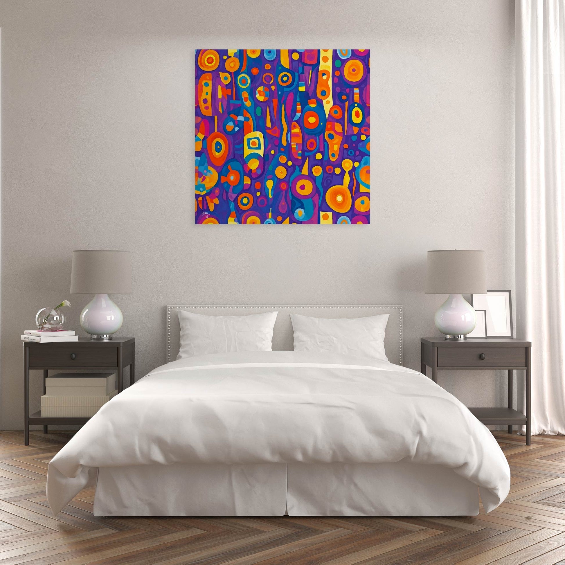 Tirage sur toile 100x100 cm de l'œuvre Ébullition, sublimant les couleurs intenses et le mouvement organique de la composition.