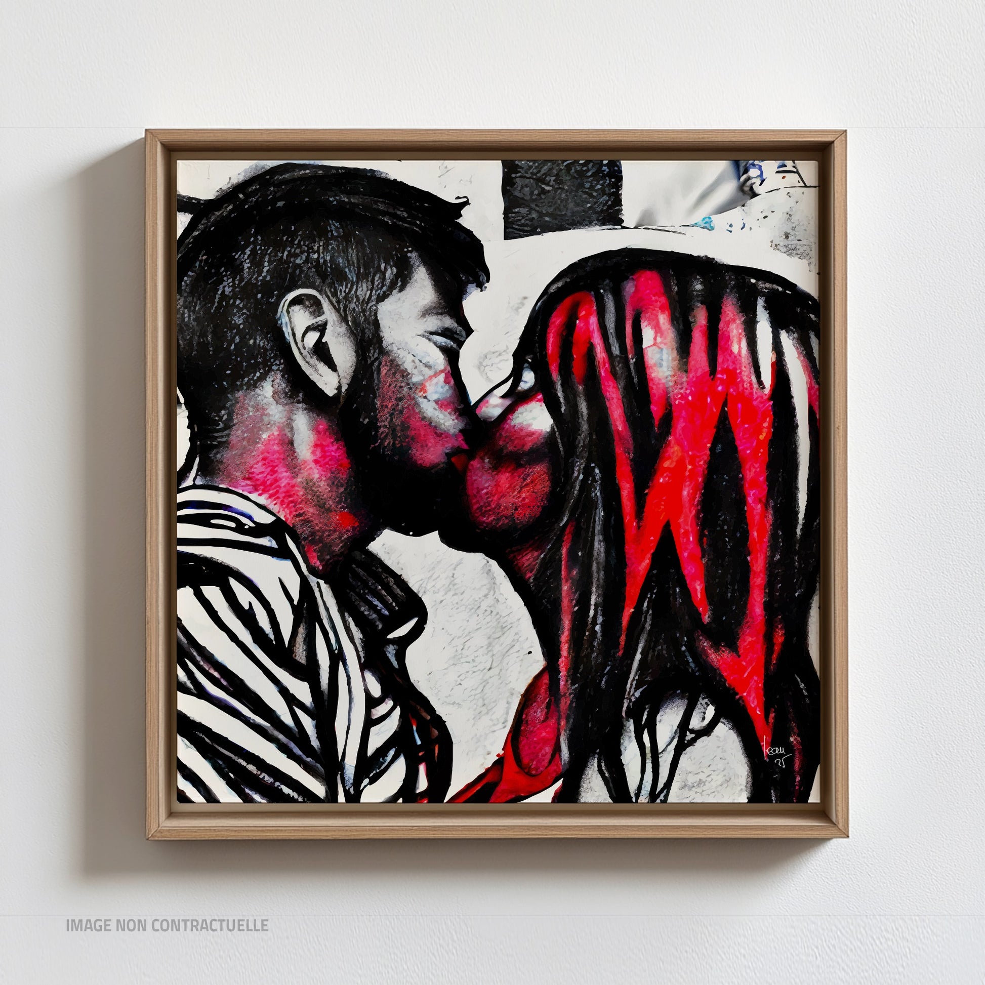 Tirage sur caisse américaine 110x110 cm de l’œuvre Incandescence, combinant intensité artistique et élégance du cadre pour un rendu haut de gamme.