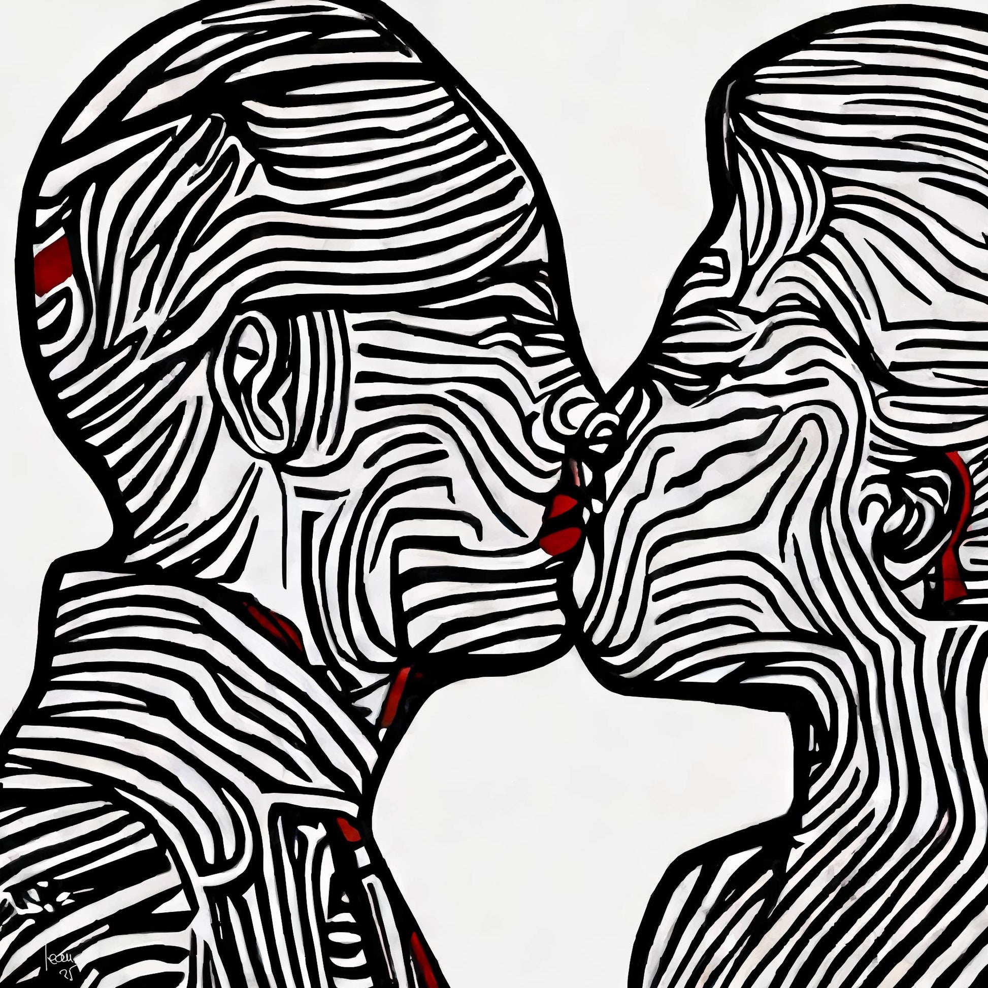 Œuvre contemporaine "Ondes" en noir, blanc et rouge représentant un couple de profil s'embrassant, avec des lignes graphiques ondulées créant un effet hypnotique et moderne.