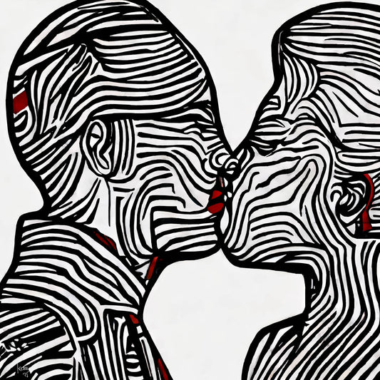 Œuvre contemporaine "Ondes" en noir, blanc et rouge représentant un couple de profil s'embrassant, avec des lignes graphiques ondulées créant un effet hypnotique et moderne.