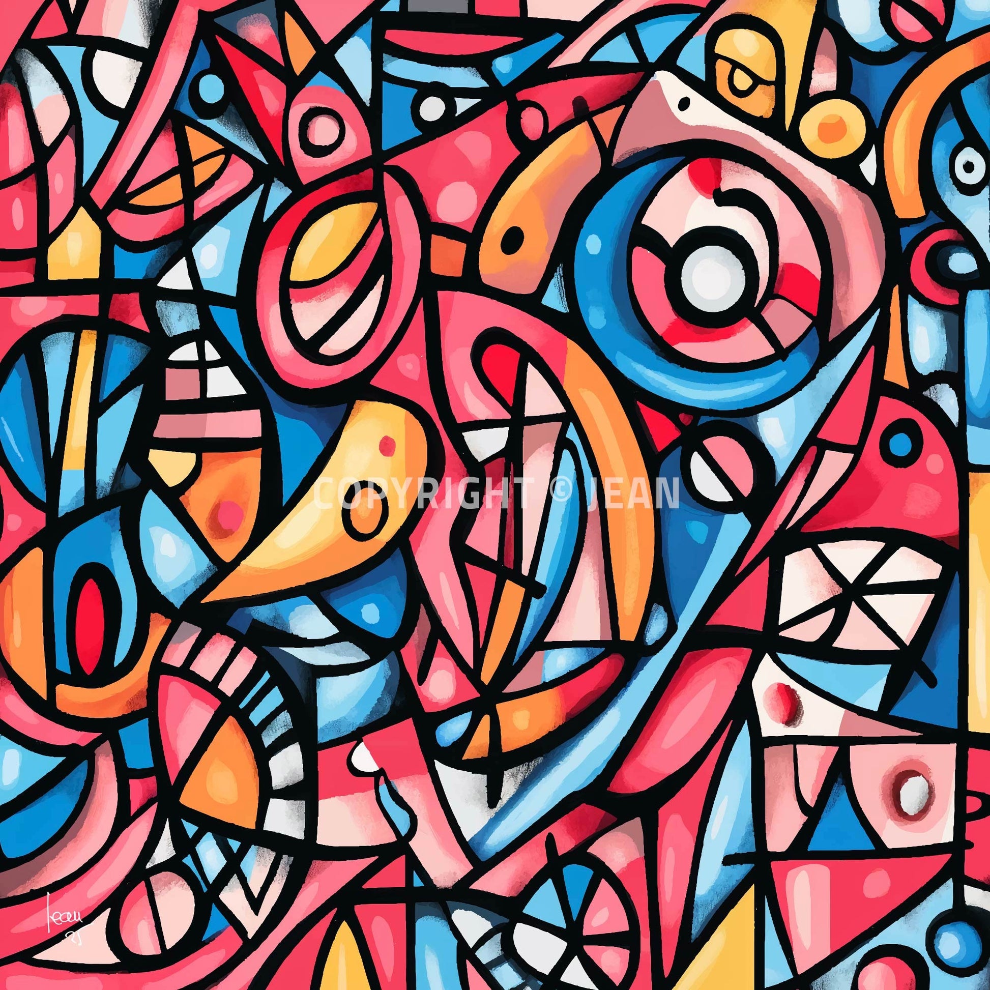 Œuvre abstraite contemporaine 'OISEAUX' avec volutes graphiques et couleurs vives rouge, bleu, jaune, rose, évoquant liberté et mouvement, 2025