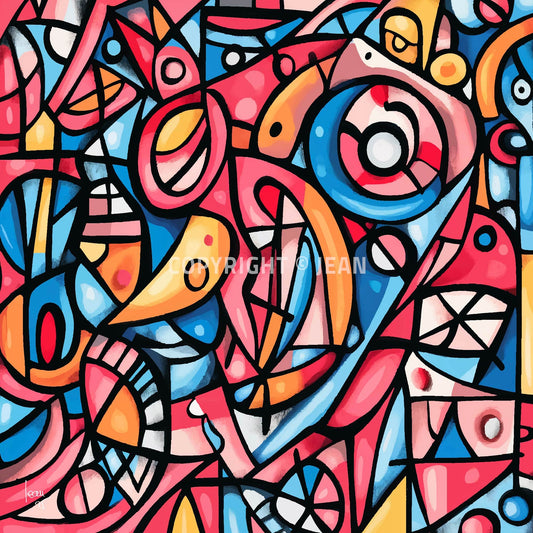 Œuvre abstraite contemporaine 'OISEAUX' avec volutes graphiques et couleurs vives rouge, bleu, jaune, rose, évoquant liberté et mouvement, 2025