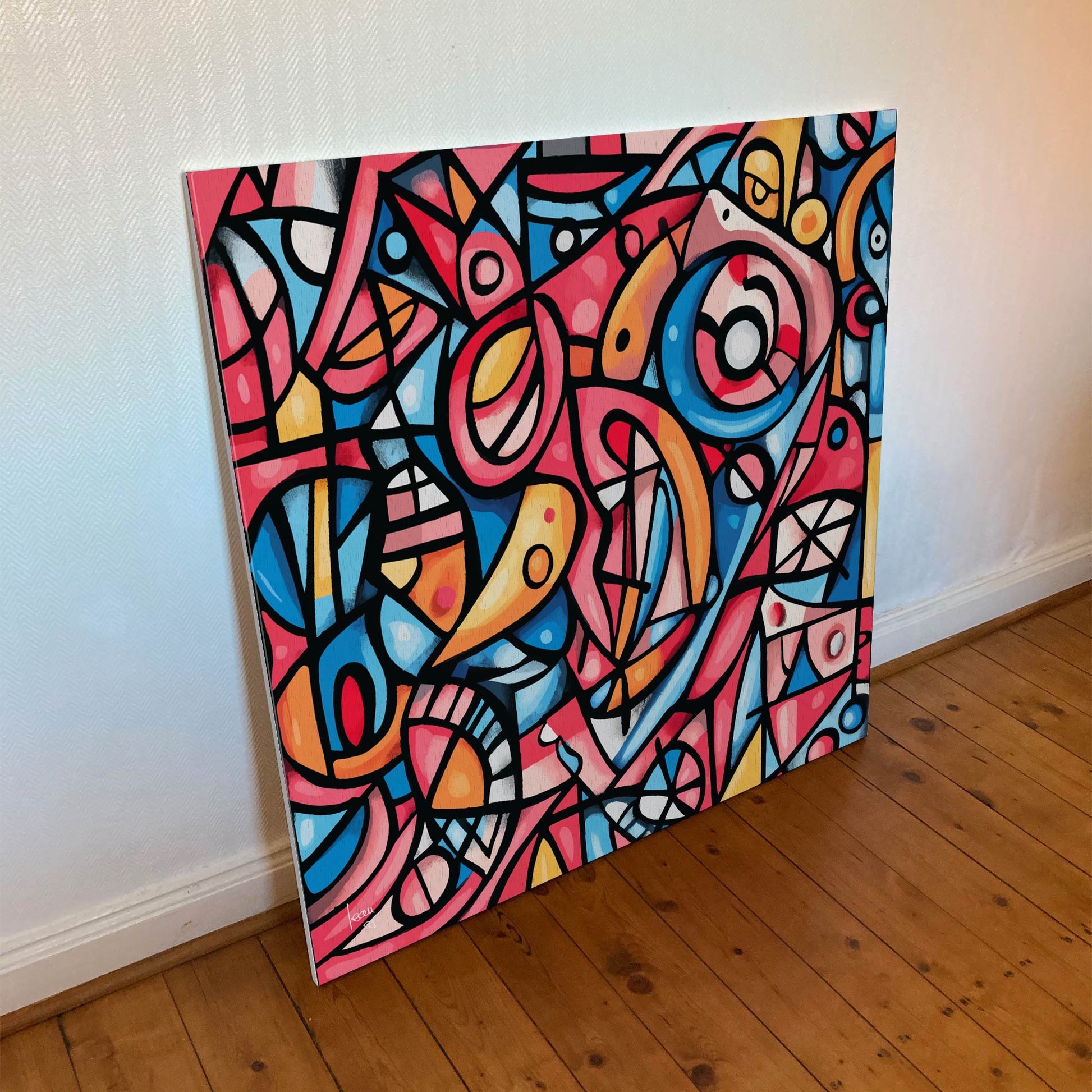 Œuvre 'OISEAUX' sur toile Hahnemühle Canvas Goya 340g, volutes graphiques en rouge, bleu, jaune, rose, art abstrait vibrant, 2025