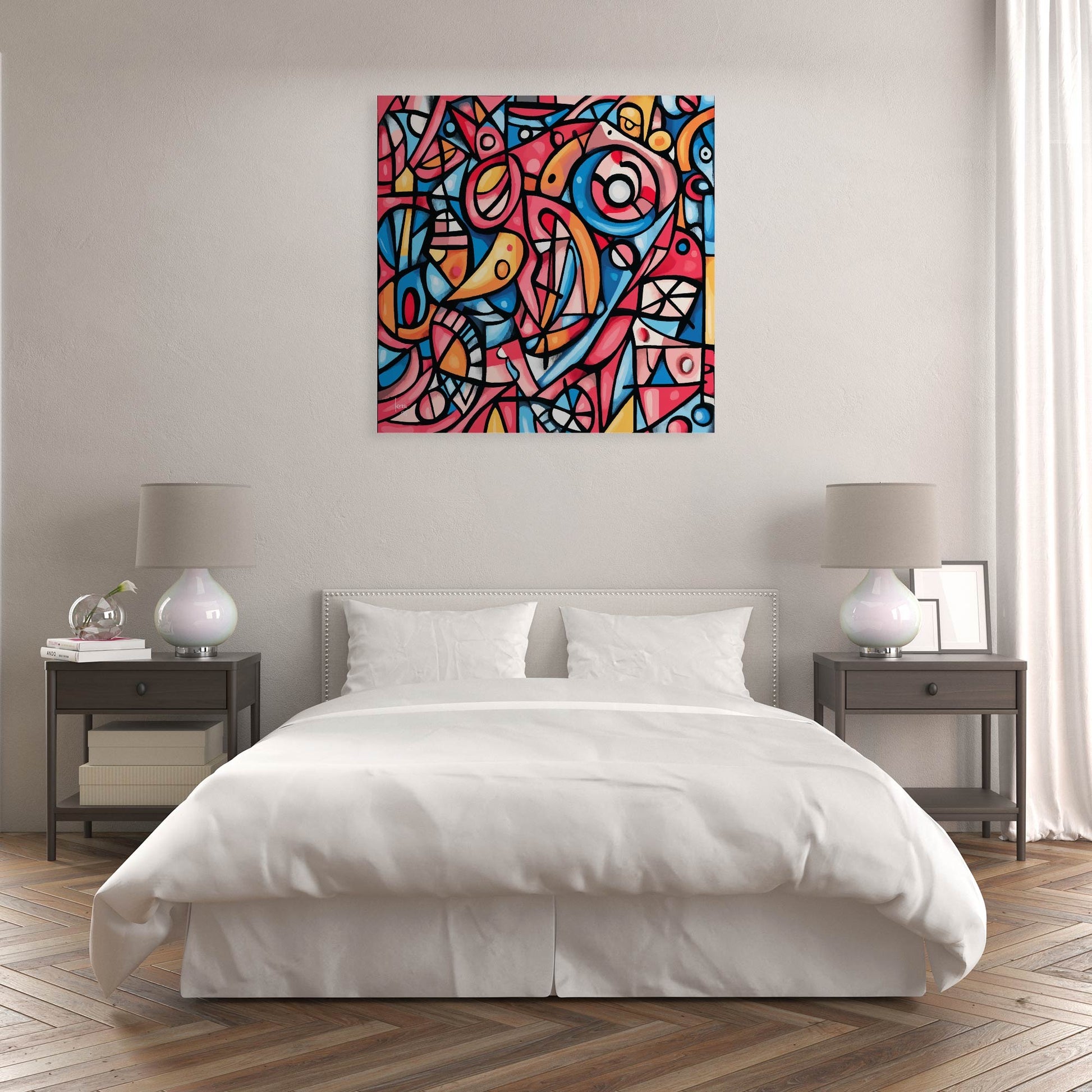 Œuvre 'OISEAUX' exposée dans une chambre moderne, volutes graphiques et couleurs vives rouge, bleu, jaune, rose, décoration intérieure poétique, 2025