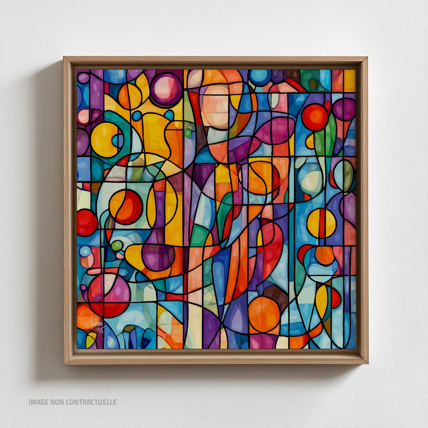 Tirage sur caisse américaine de "Constellation" : composition abstraite aux teintes rouges, jaunes, bleues et violettes Format 110x110 cm