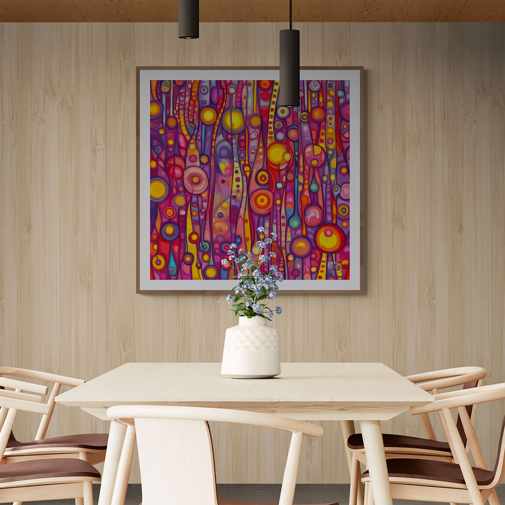 L'œuvre encadrée "Florésie" exposée dans un intérieur moderne, insufflant une touche poétique et lumineuse à la décoration.