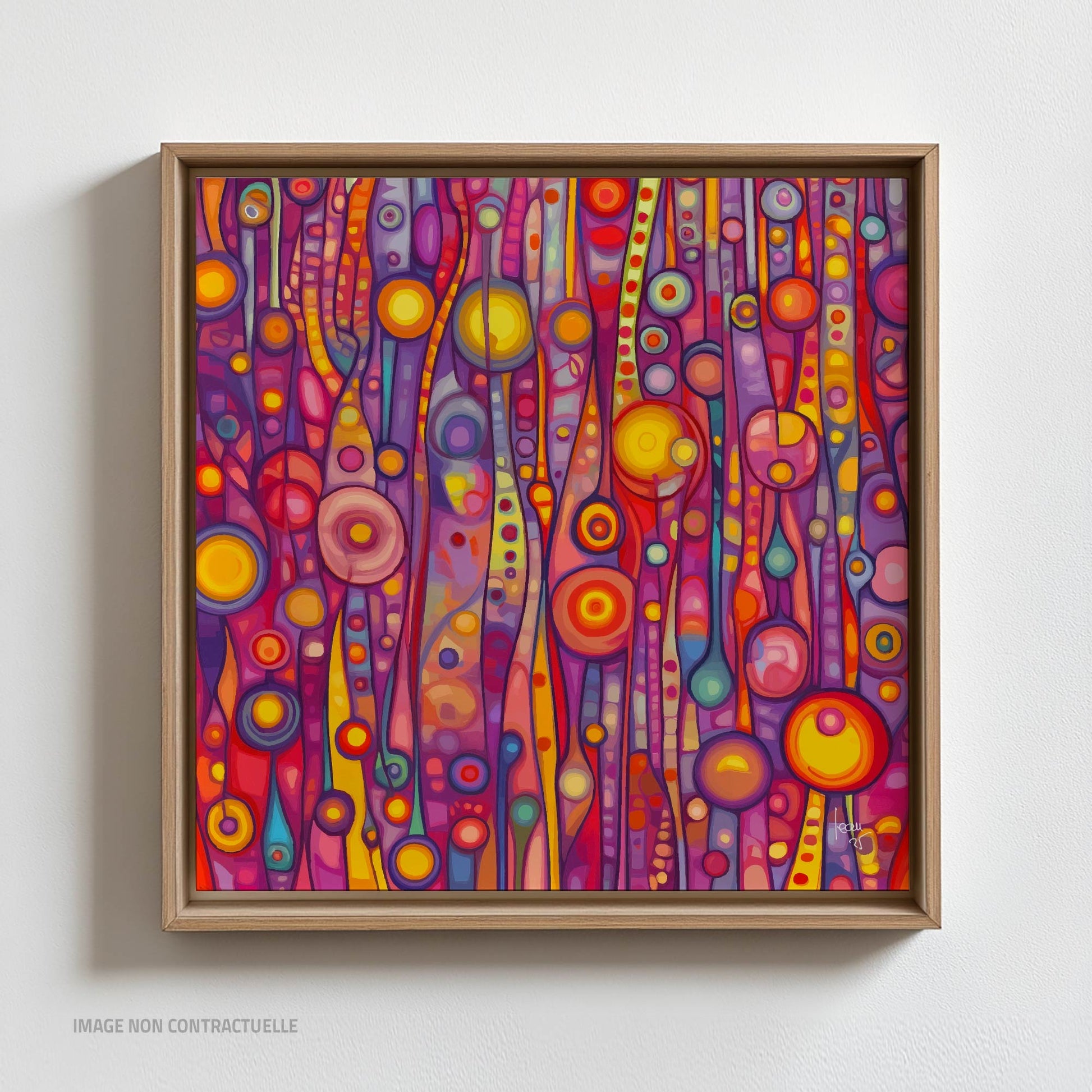 Tirage sur caisse américaine 110x110 cm de l’œuvre Florésie, associant la délicatesse artistique à une présentation élégante et raffinée.