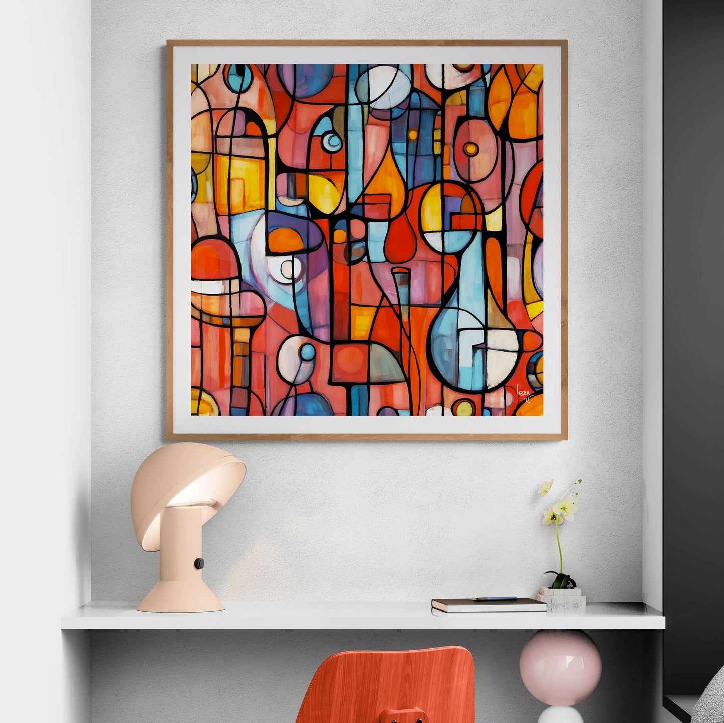 Œuvre encadrée "Portivana" accrochée dans un intérieur contemporain, apportant une touche artistique sophistiquée et rêveuse à la pièce.