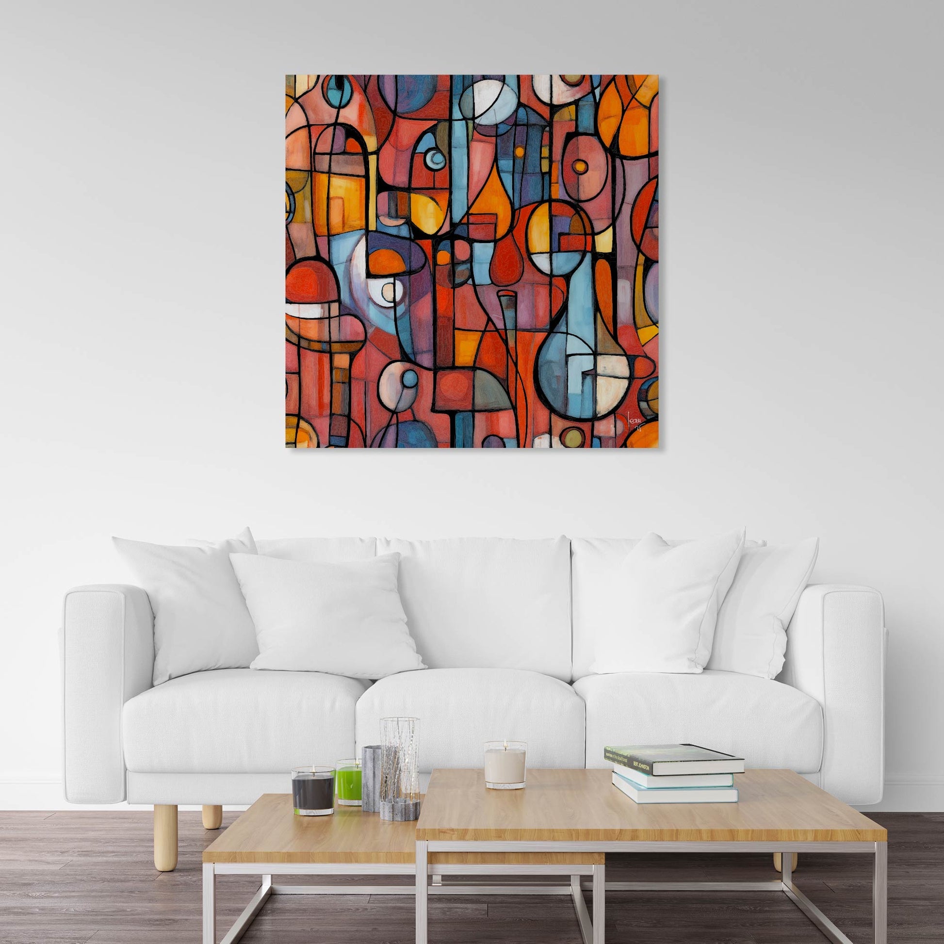 Œuvre Portivana accrochée dans un intérieur contemporain, apportant une touche artistique sophistiquée et rêveuse à la pièce.