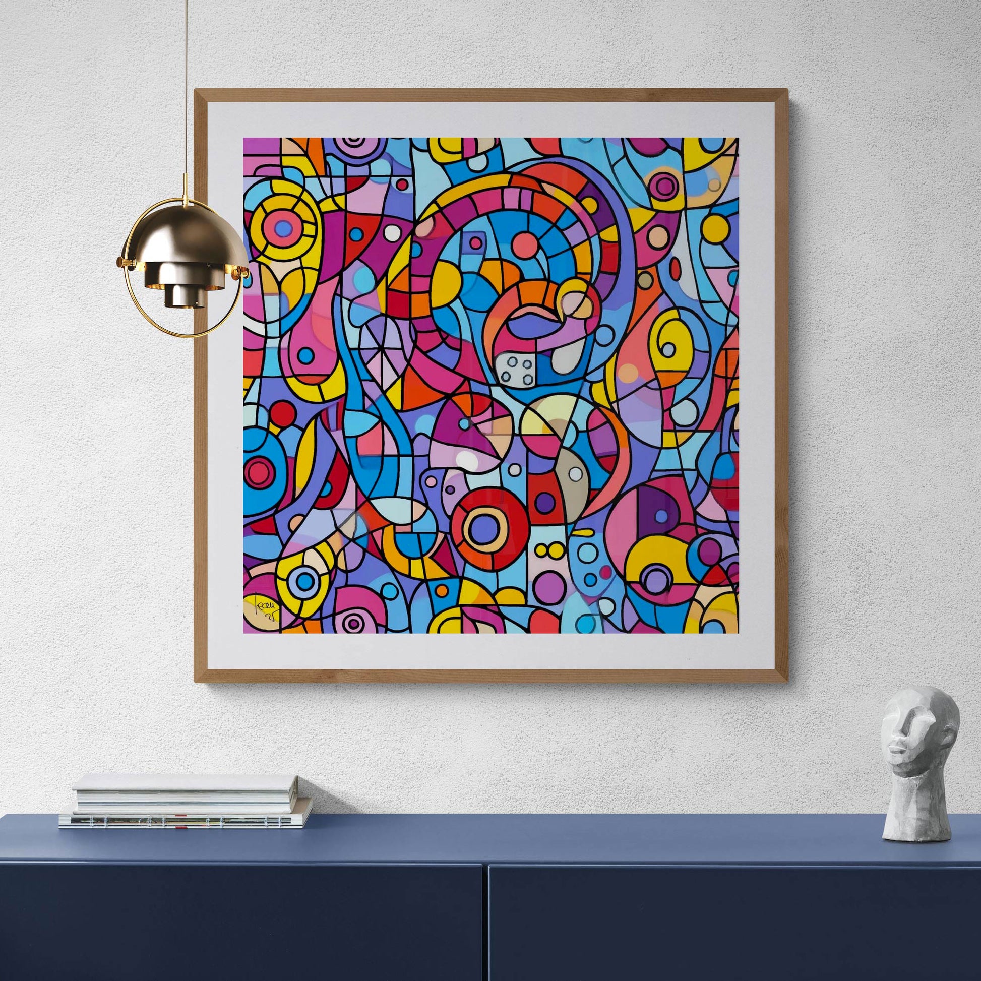 L’œuvre encadrée "Circadia" mise en scène dans un intérieur moderne, apportant une énergie graphique et un dynamisme visuel à la décoration.