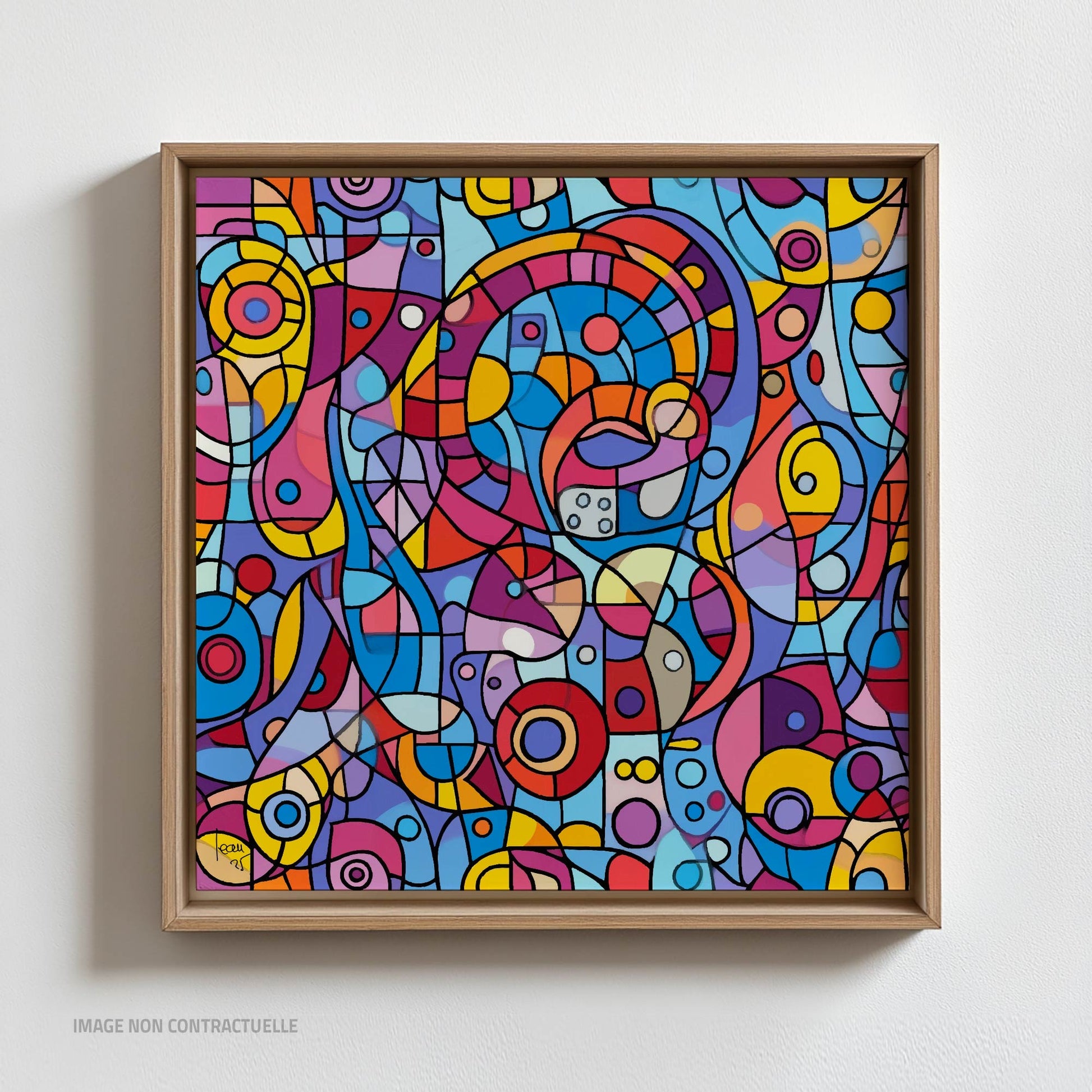 Tirage sur caisse américaine 110x110 cm de l’œuvre Circadia, idéal pour sublimer une pièce avec une œuvre graphique aux rythmes captivants.