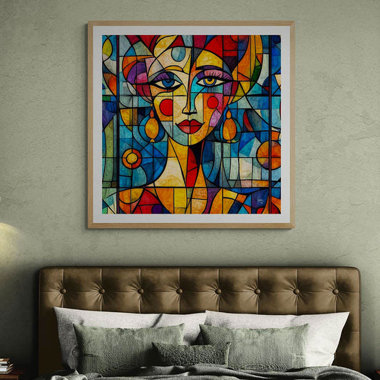 Le portrait encadré "Lumea" accroché dans un intérieur design, apportant une touche poétique et contemporaine à la décoration.