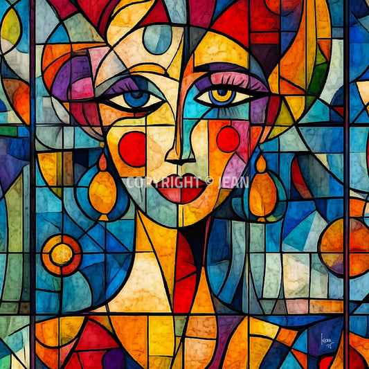 Portrait numérique de femme Lumea, aux teintes douces et aux lignes abstraites évoquant la lumière et la rêverie.