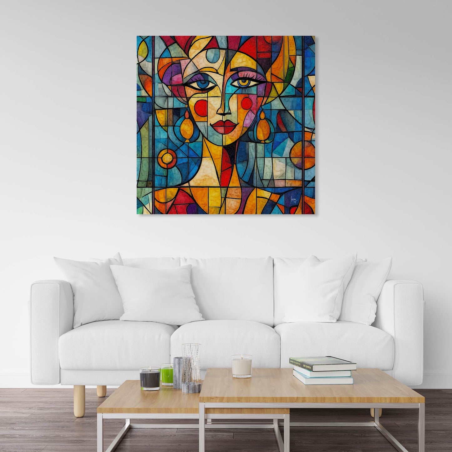 Le portrait Lumea accroché dans un intérieur design, apportant une touche poétique et contemporaine à la décoration.