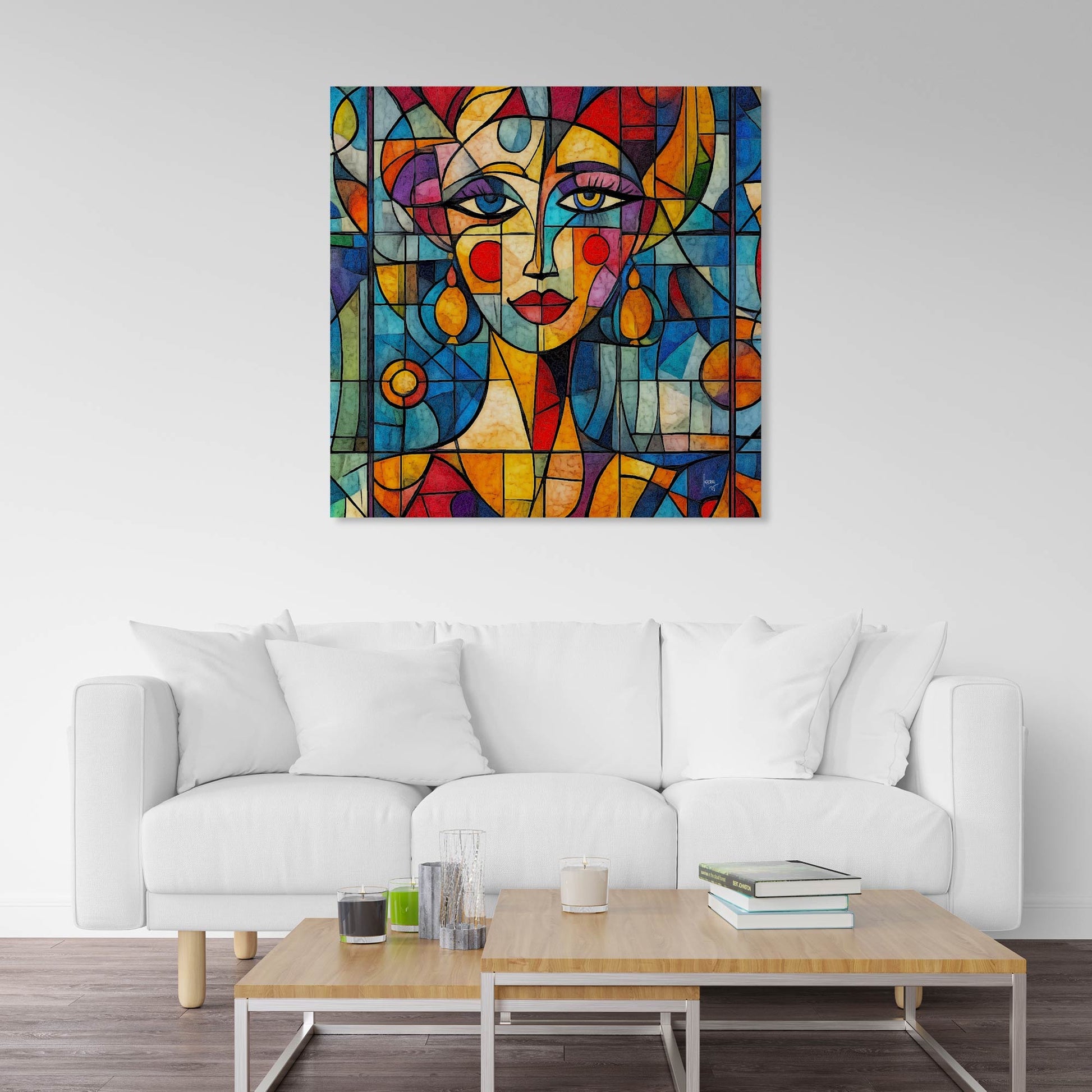 Le portrait Lumea accroché dans un intérieur design, apportant une touche poétique et contemporaine à la décoration.