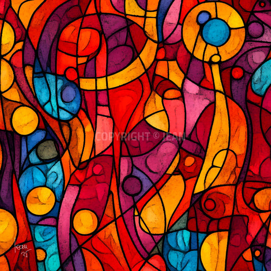Œuvre numérique "Effacement" : silhouettes humaines fusionnant dans un tourbillon de lignes et de couleurs vives, inspirée du vitrail et du mouvement.