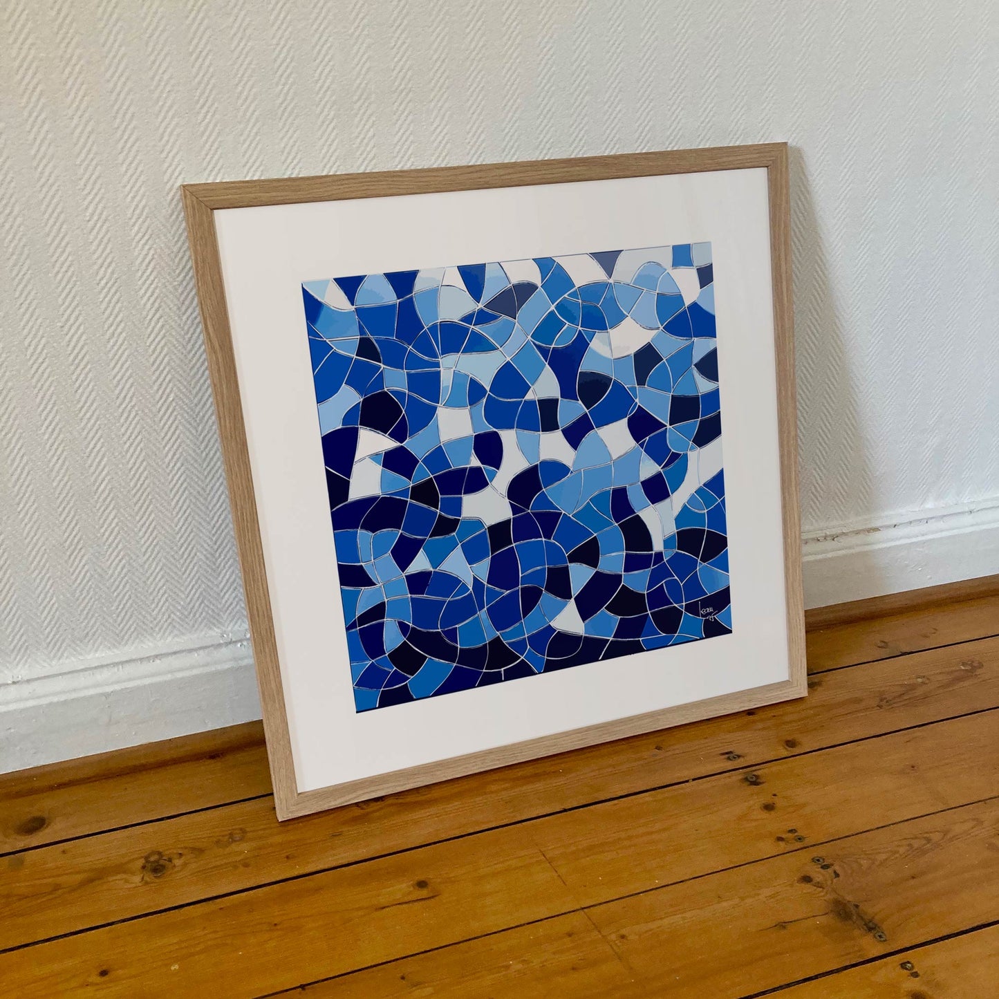 Cadre bois clair Abysses tableau moderne bleu décoration murale 50x50cm