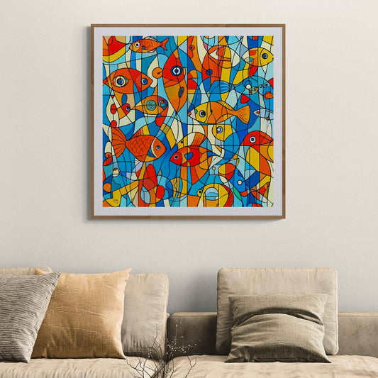 L’œuvre "Aquarium" encadrée et mise en scène dans un intérieur contemporain, tableau aquatique aux teintes marines et reflets lumineux, apportant fraîcheur et poésie.