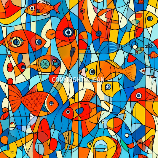 Œuvre numérique "Aquarium" représentant un univers aquatique stylisé en formes abstraites et couleurs vives, entre bleus profonds, coraux et reflets marins.