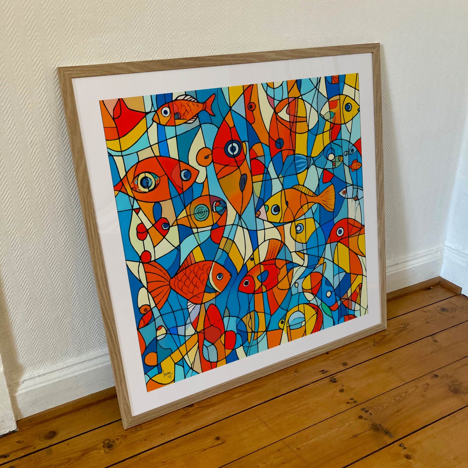 Tirage encadré 70×70 cm de l’œuvre "Aquarium", composition artistique sur le thème de l’eau, idéale pour un intérieur design et lumineux.